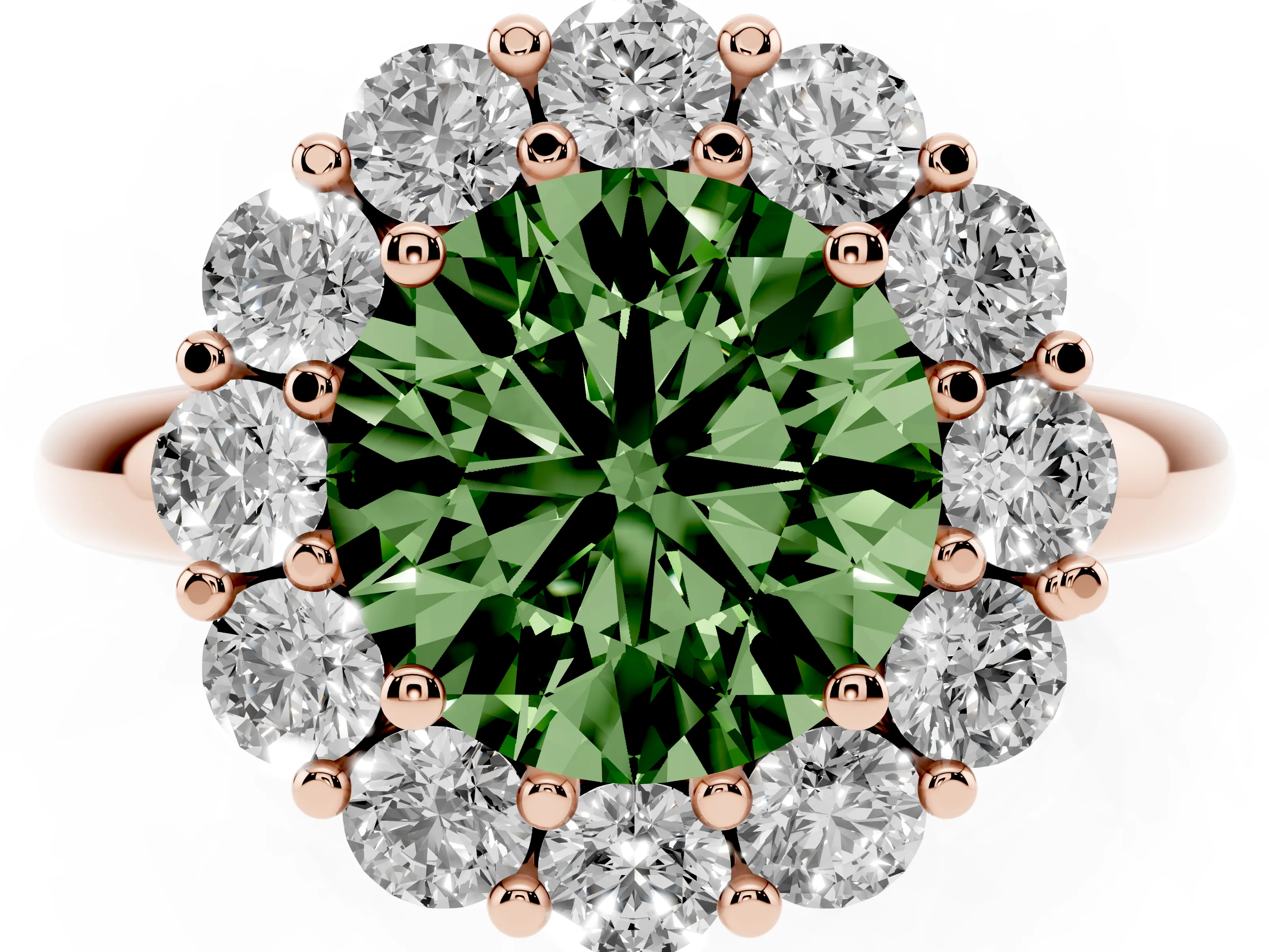 Fancy Green Round Cut Diamond Halo Cluster Engagement Ring Set in Rose gold with Polished Band and Prong Setting