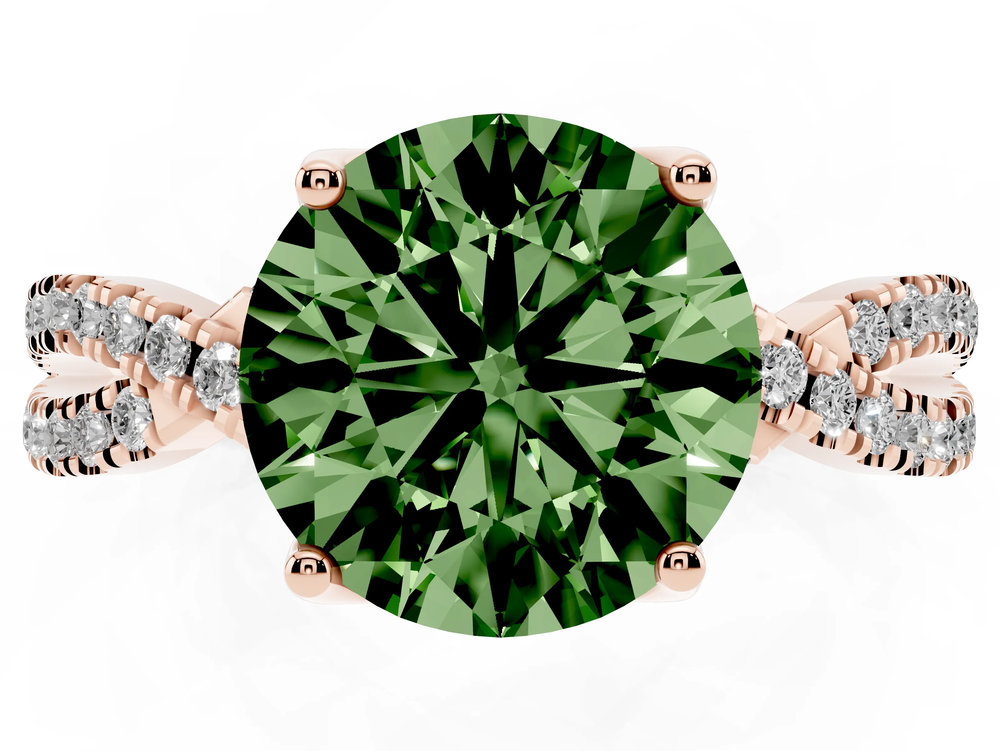 Fancy Green Round Cut Diamond Twist Pavé Solitaire Engagement Ring Set in Rose gold with Prong Setting