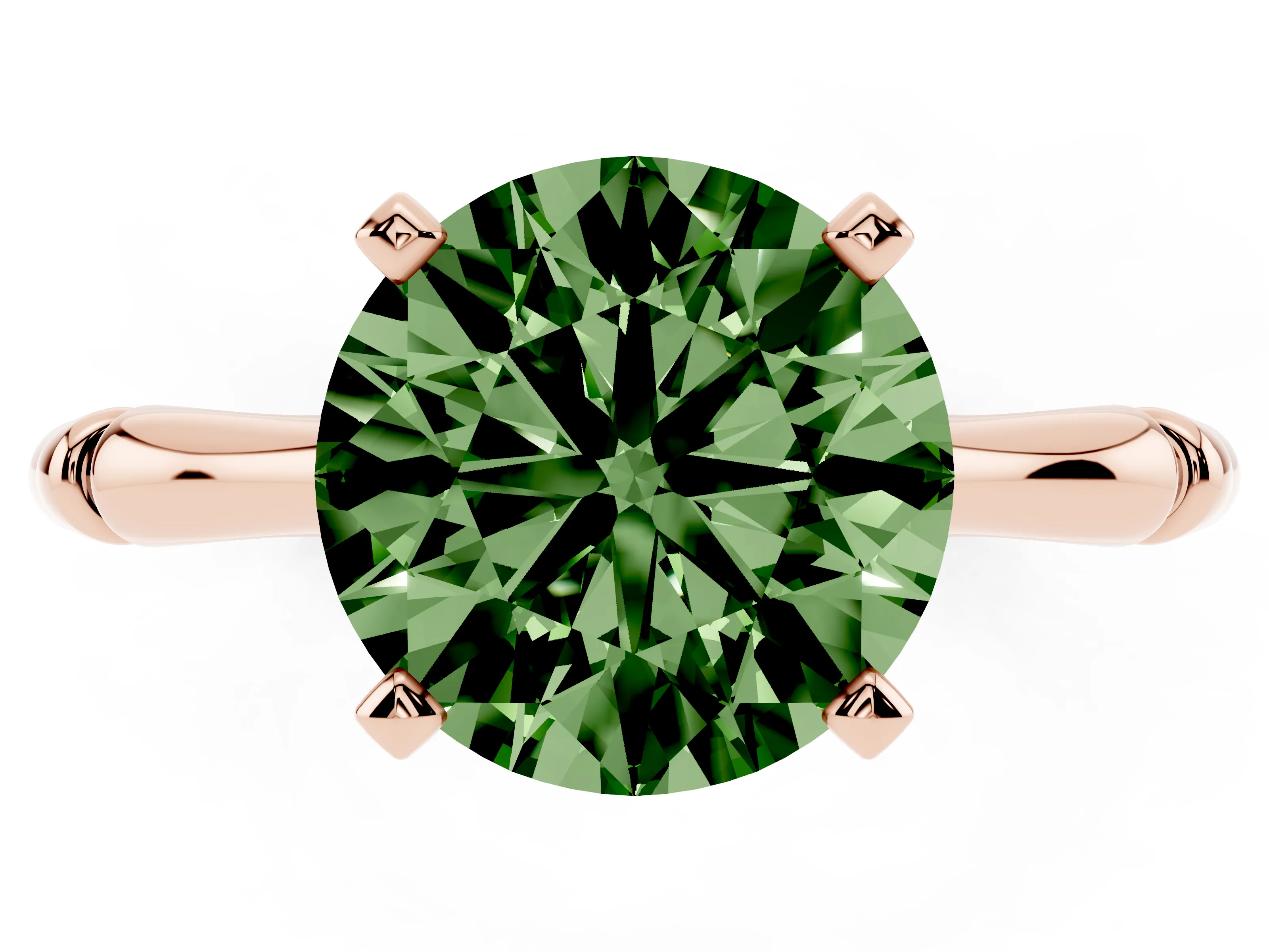 Fancy Green Round Cut Diamond Solitaire Ring Set in Rose gold with Bamboo Band and Prong Setting