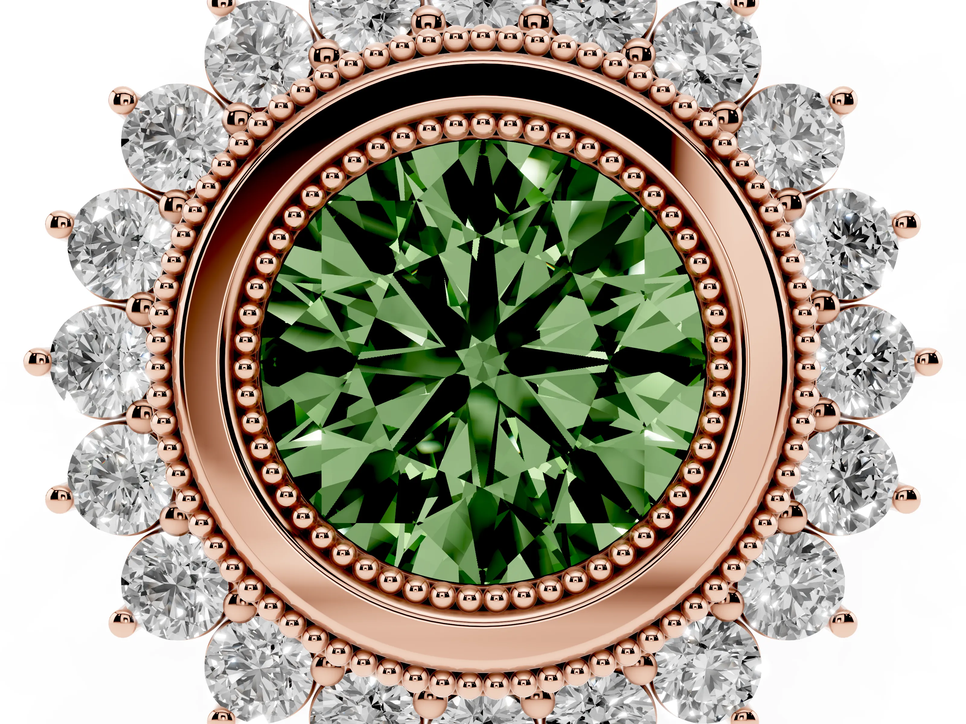 Fancy Green Round Cut Diamond Halo Ring Set in Rose gold with Milgrain Edge and Round Prong Setting
