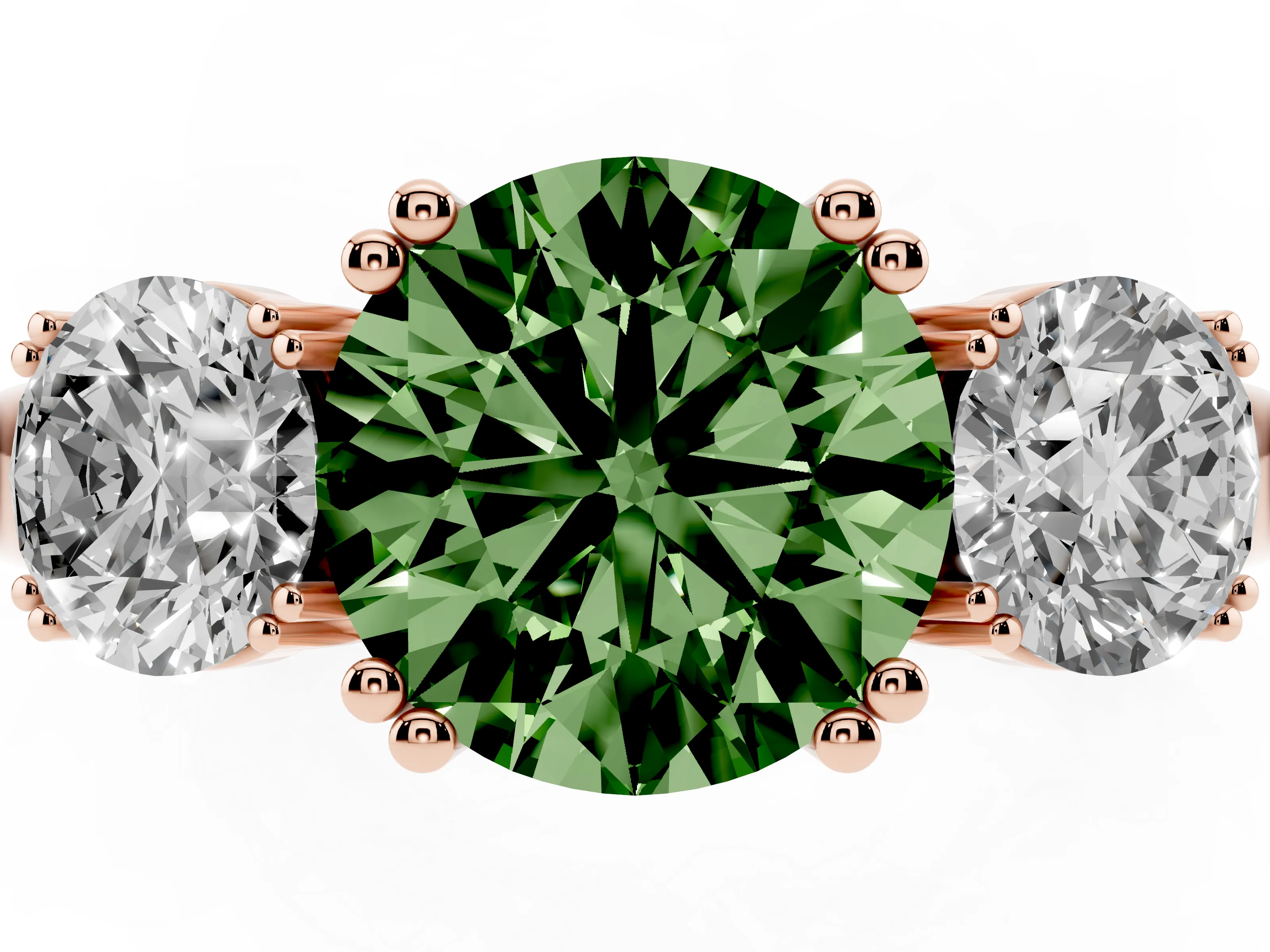Fancy Green Round Cut Diamond Three-Stone Ring Set in Rose gold with Polished Channel-Set Band