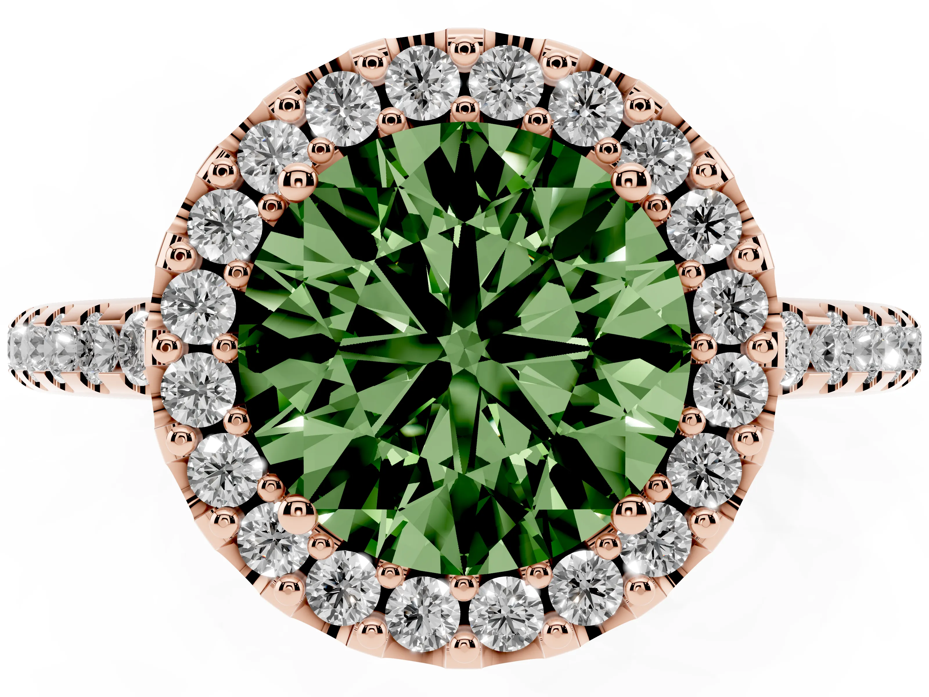 Round Pave Halo Engagement Ring Setting for a Fancy Green Lab-Grown Diamond | Pave Band | Rose Gold