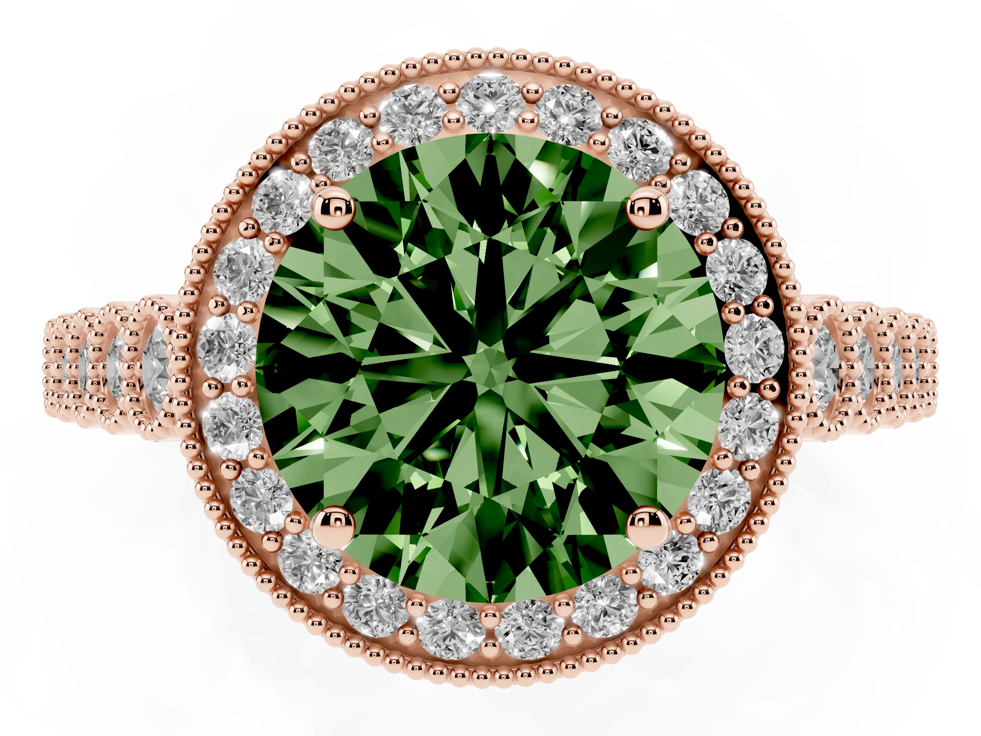 Fancy Green Round Cut Diamond Milgrain Halo Solitaire Ring Set in Rose gold with Bezel Set Side Stones and Pavé Band