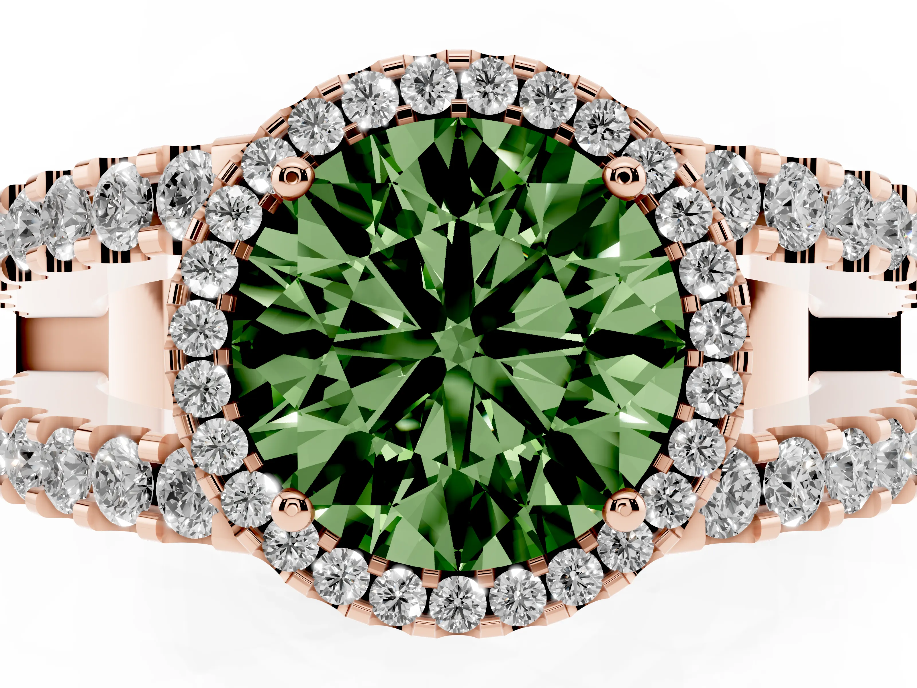 Fancy Green Round Cut Diamond Halo Ring Set in Rose gold with Pavé Split Shank and Prong Setting