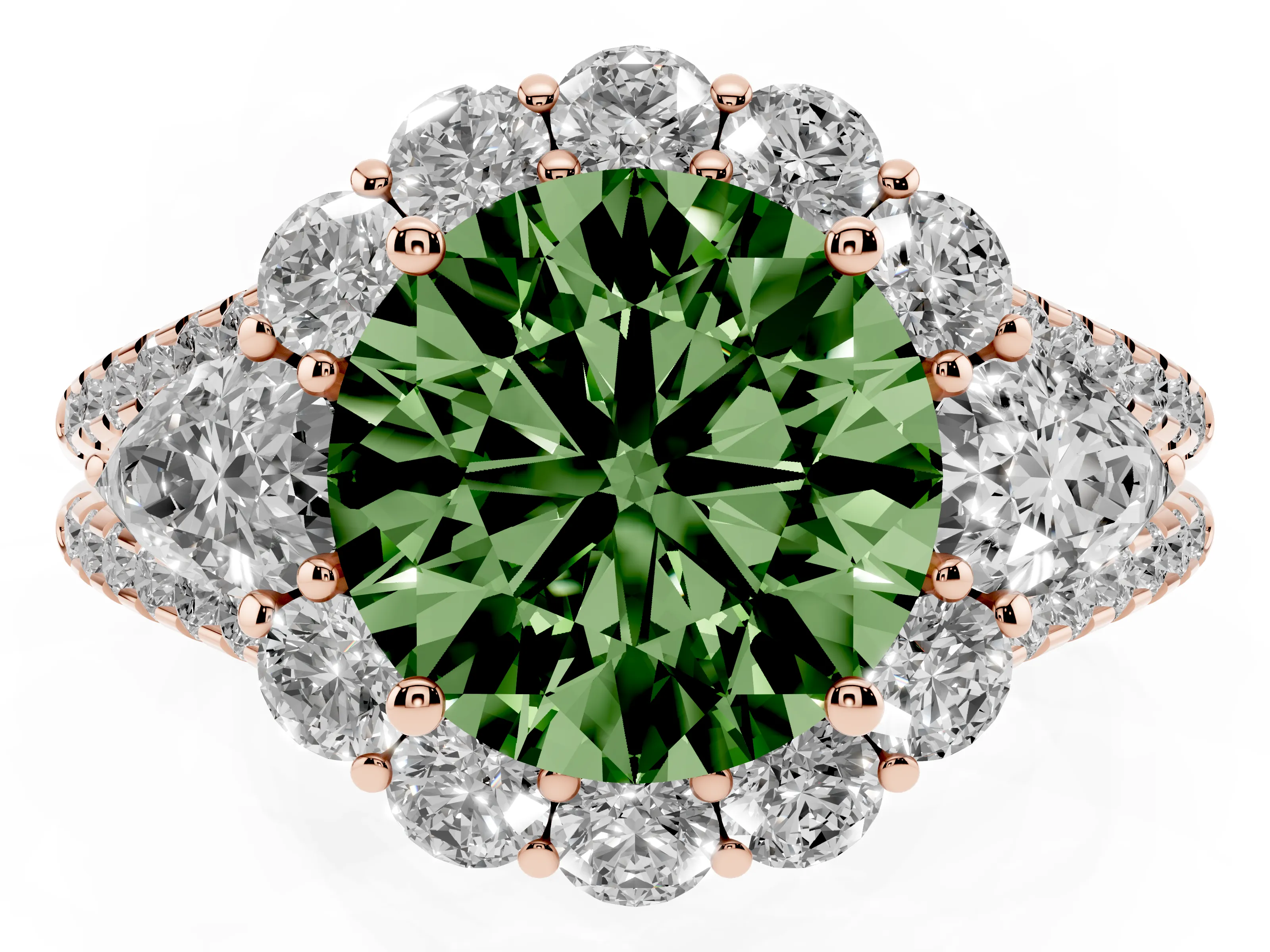 Fancy Green Round Cut Diamond Halo Split Shank Engagement Ring Set in Rose gold with Prong-Held Center Stone