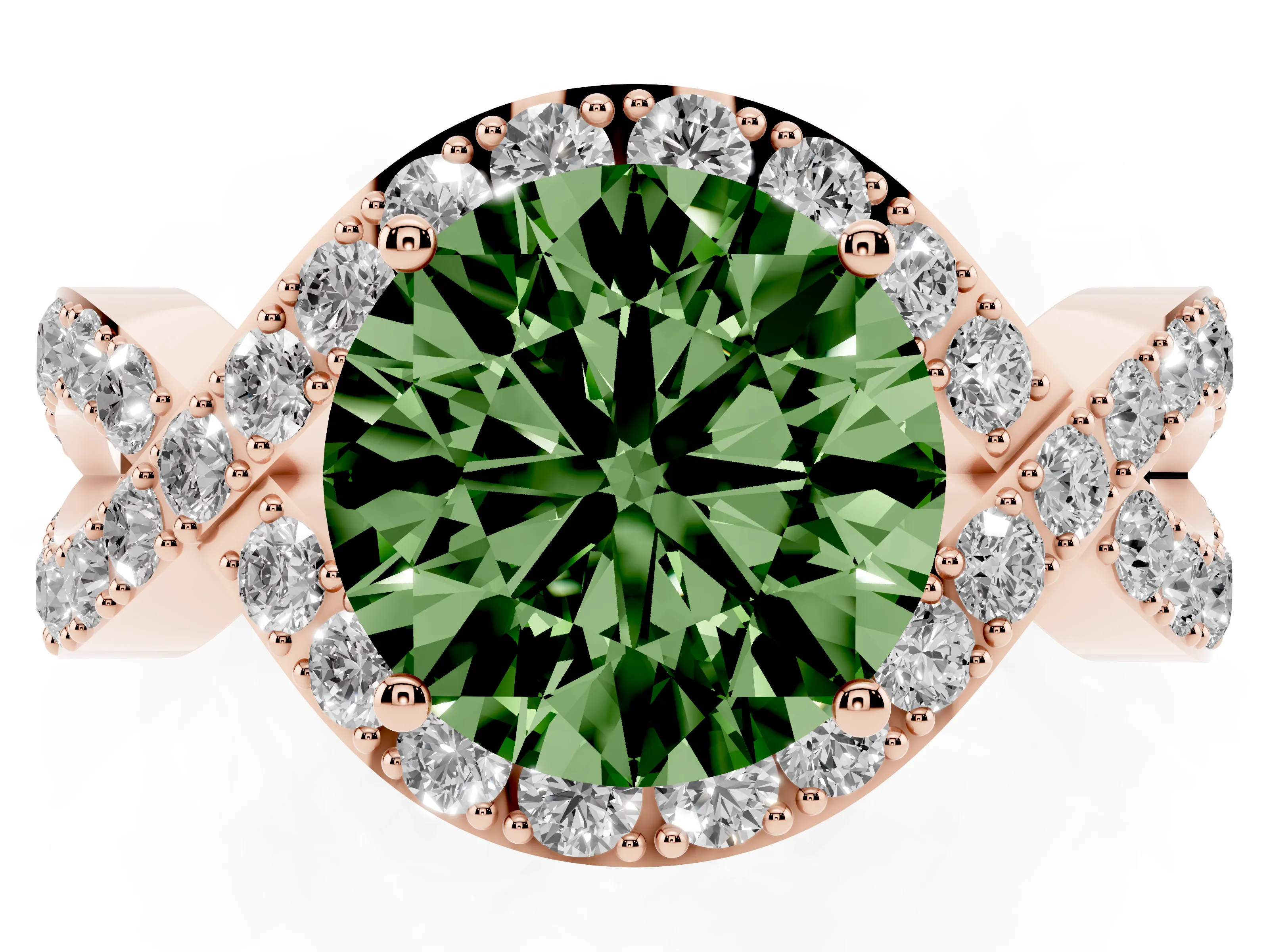 Fancy Green Round Cut Diamond Solitaire Twist Band Pavé Engagement Ring Set in Rose gold