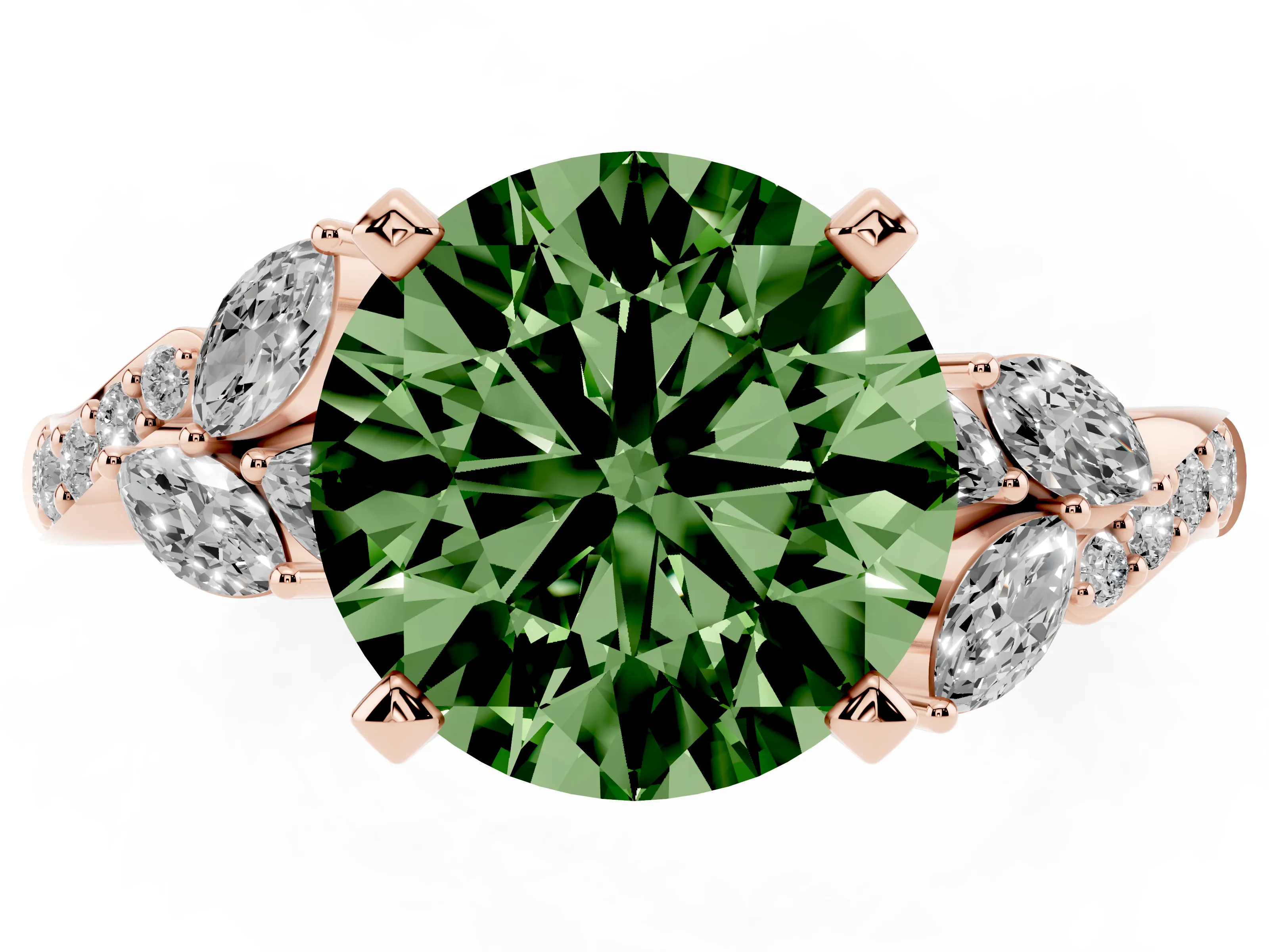 Fancy Green Round Cut Diamond Solitaire Ring Set in Rose gold with Marquise Twist Band and Prong Setting