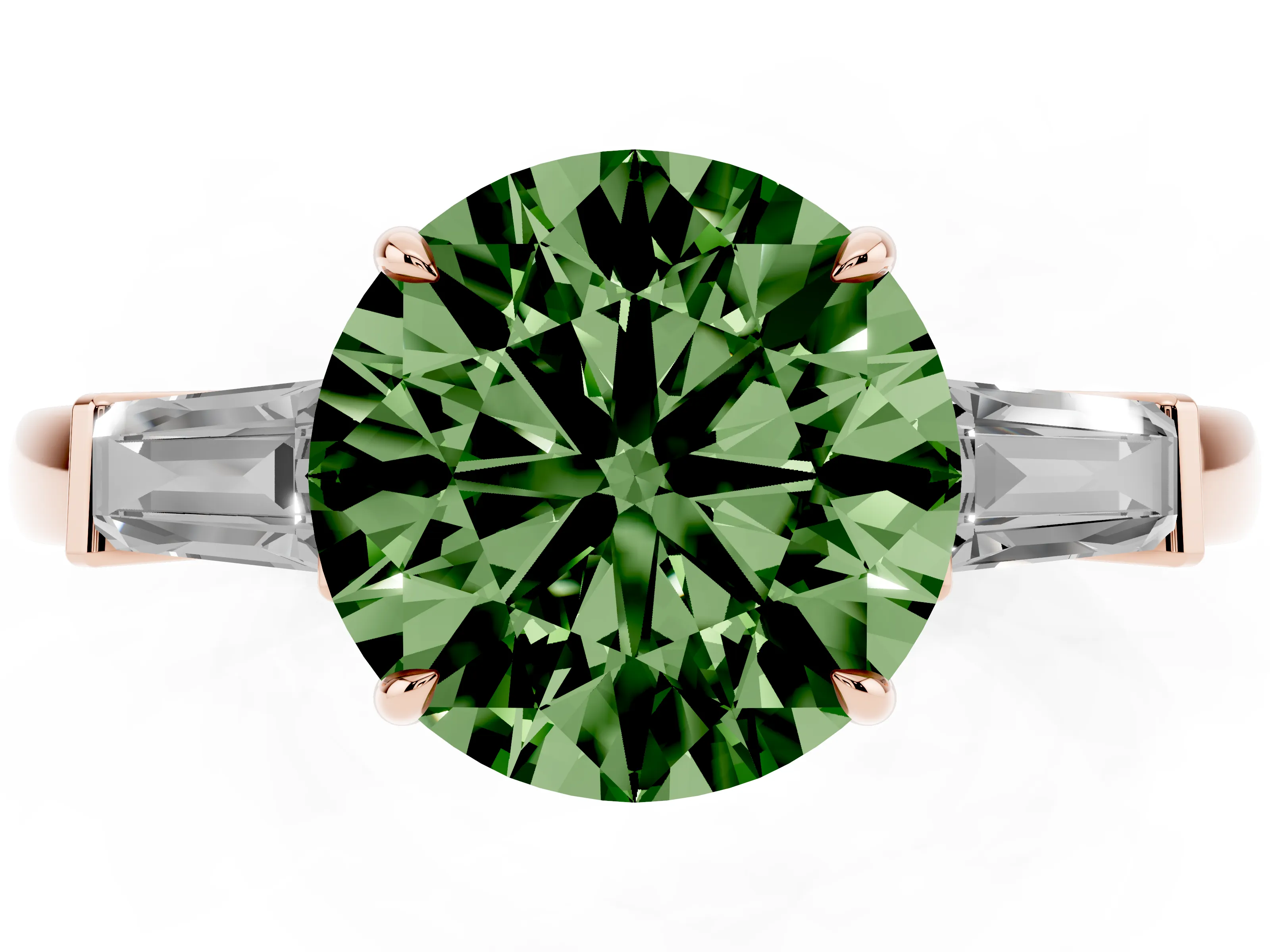 Fancy Green Round Cut Diamond Three-Stone Ring Set in Rose gold with Tapered Baguette Side Stones and Prong Setting