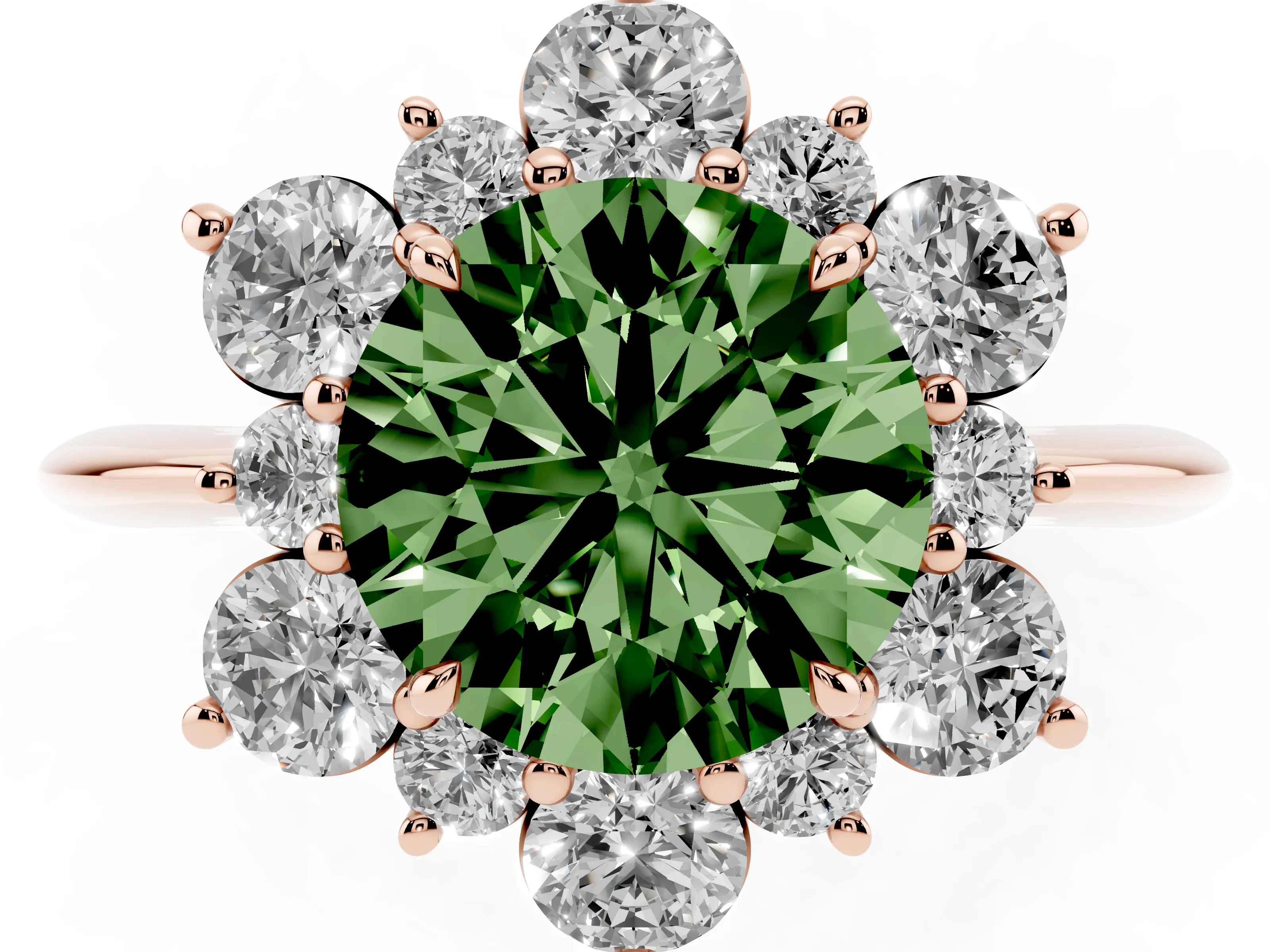 Fancy Green Round Cut Diamond Cluster Halo Ring Set in Rose gold with Solitaire Band and Prong Setting