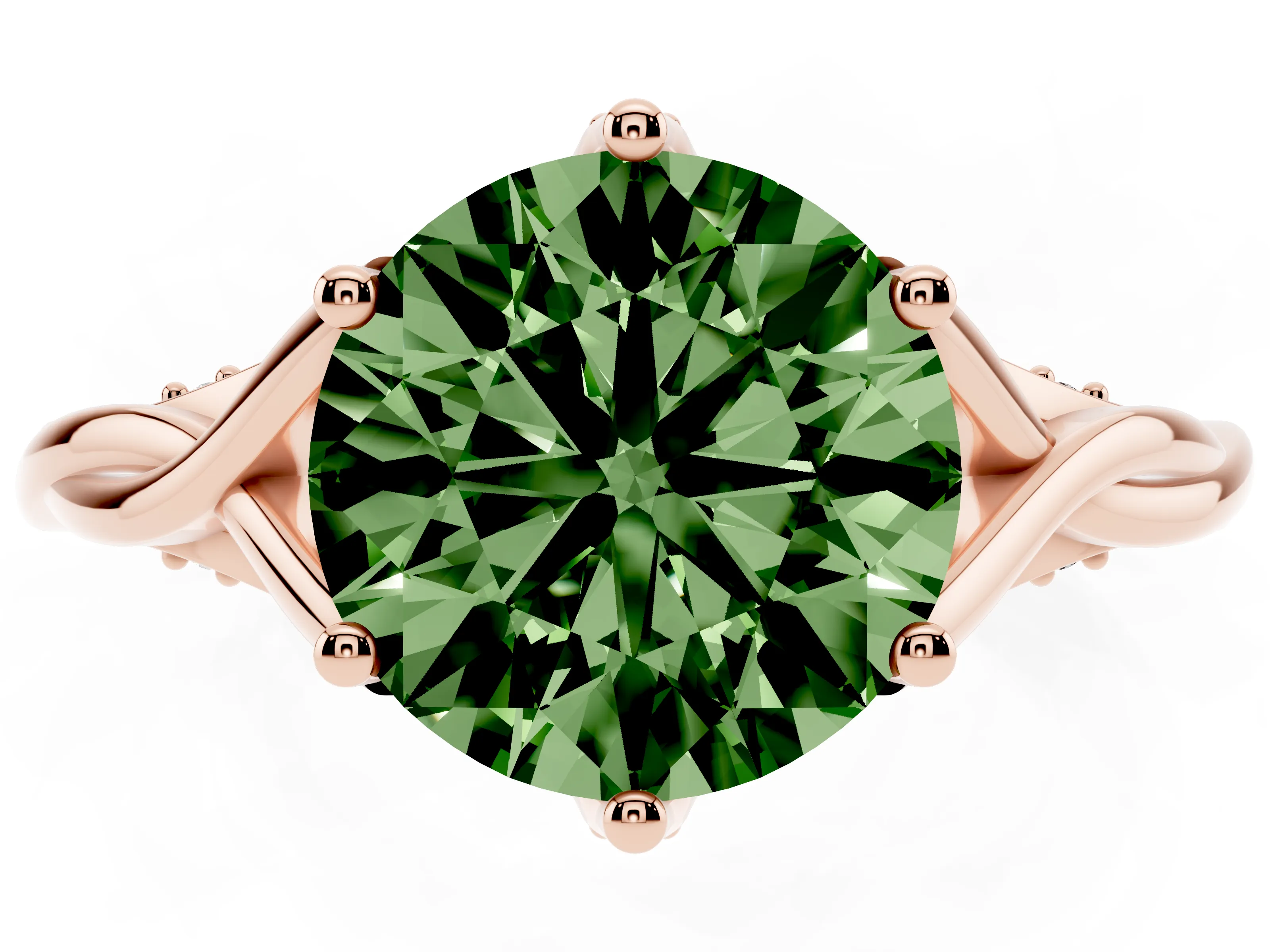 Fancy Green Round Cut Diamond Intertwined Twist Band Solitaire Ring Set in Rose gold with Prong Setting