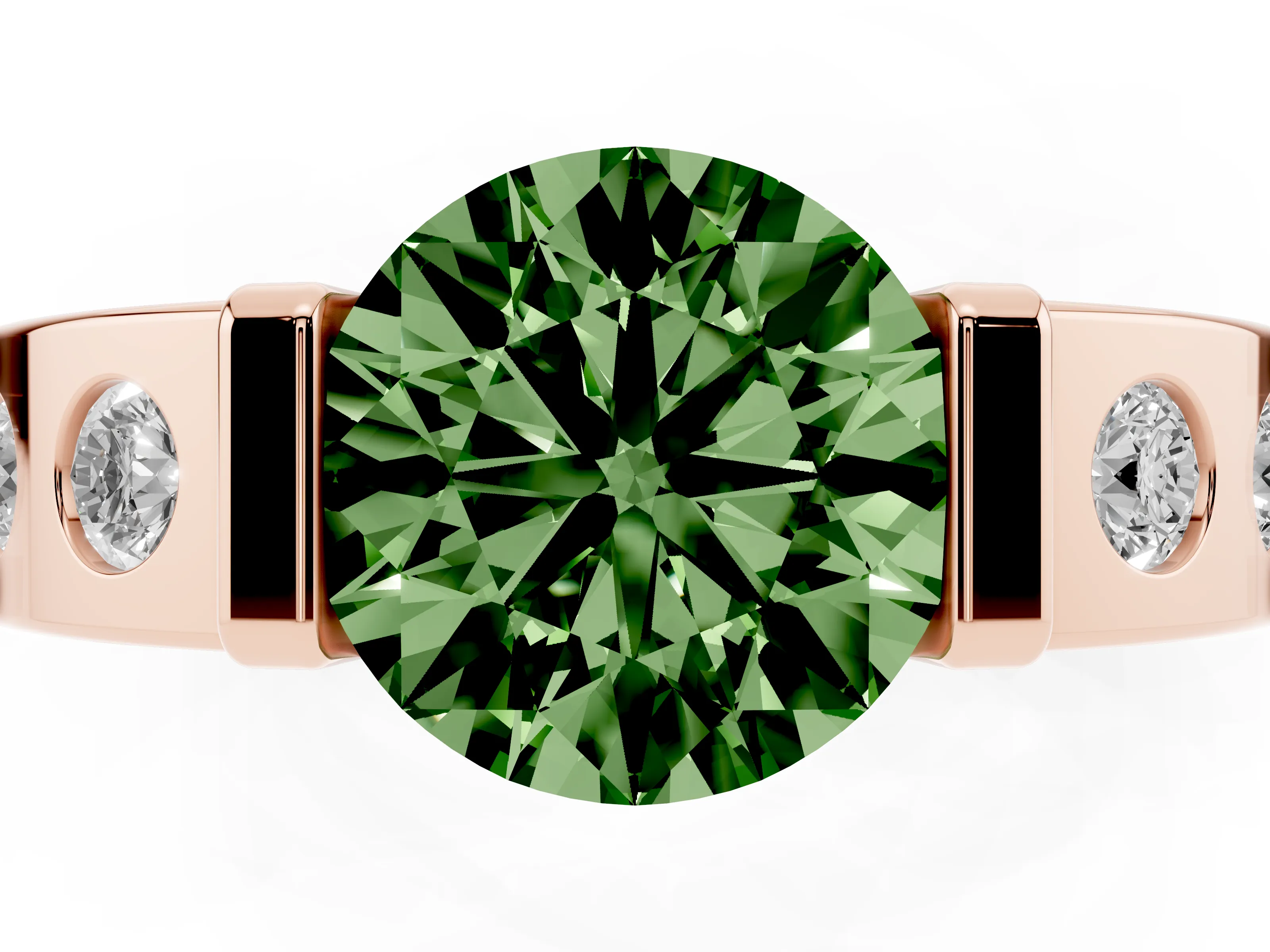 Fancy Green Round Cut Diamond Channel-Set Band Ring Set in Rose gold with Bezel Prong Setting
