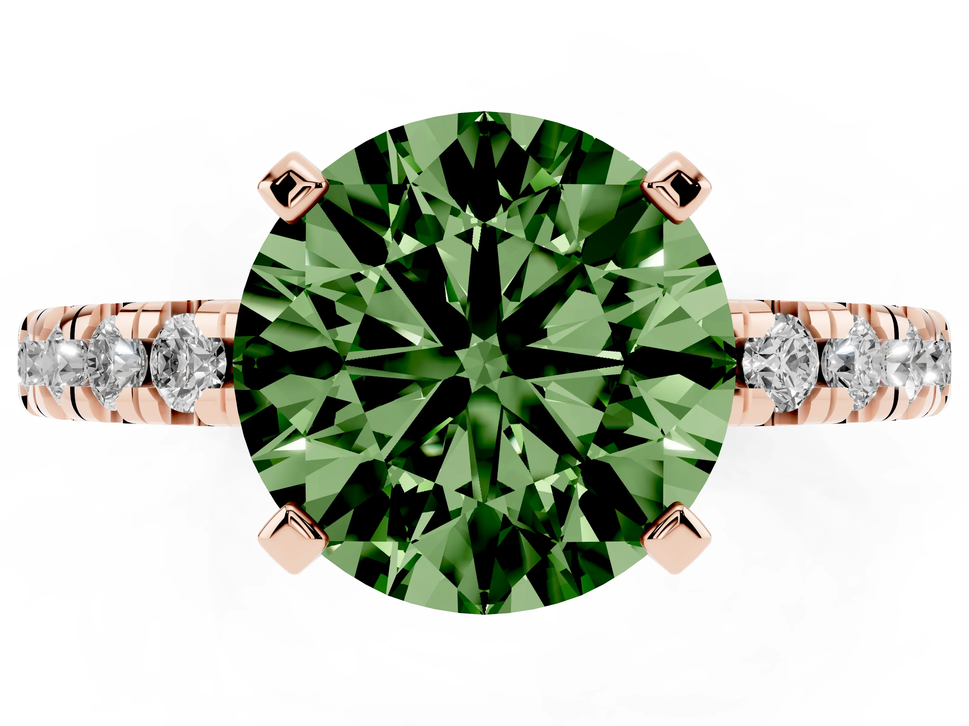 Fancy Green Round Cut Diamond Solitaire Pavé Engagement Ring Set in Rose gold with Round Band and Prong Setting