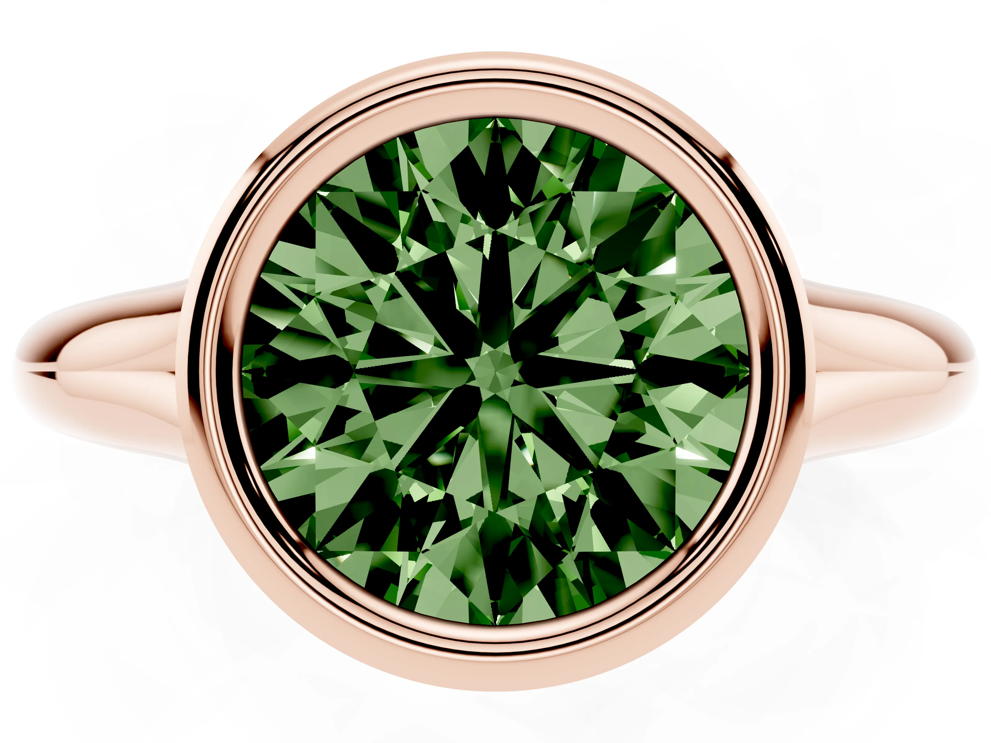 Fancy Green Bezel Set Round Cut Diamond Solitaire Ring Set in Rose gold with Smooth Band