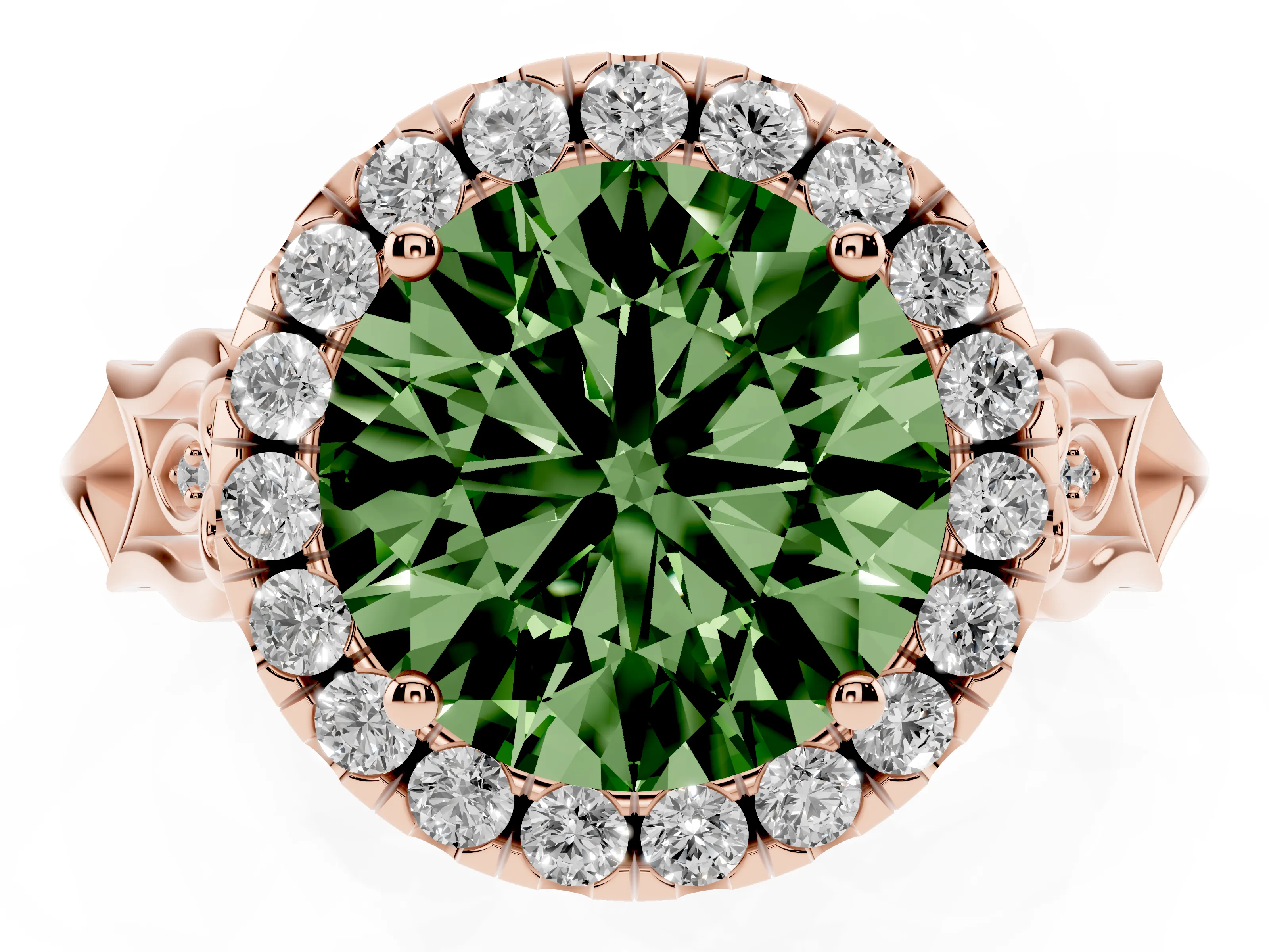 Fancy Green Round Cut Diamond Halo Engagement Ring Set in Rose gold with Filigree Band and Prong-Set Center