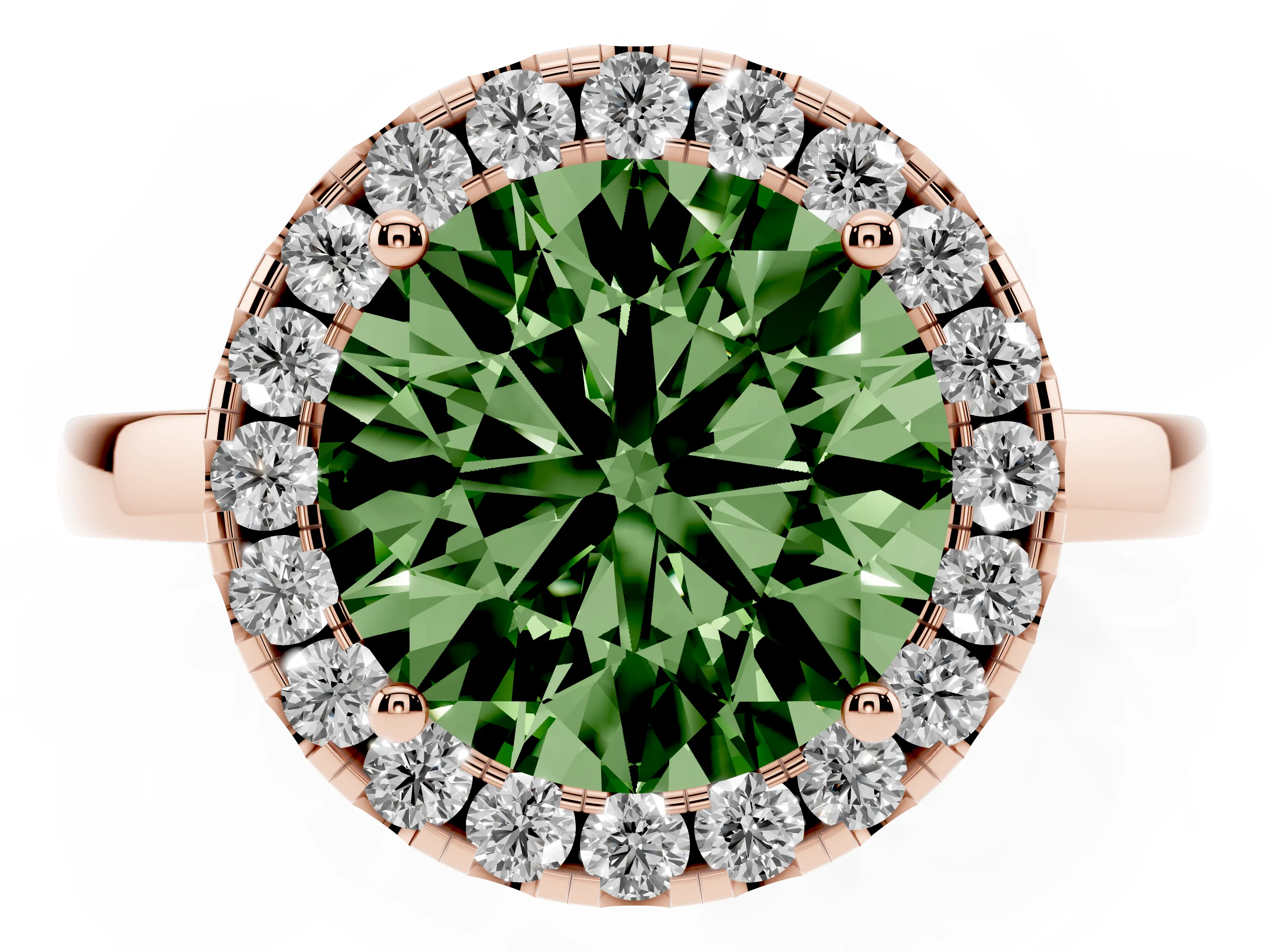 Fancy Green Round Cut Diamond Halo Solitaire Ring Set in Rose gold with Pavé Band and Prong Setting
