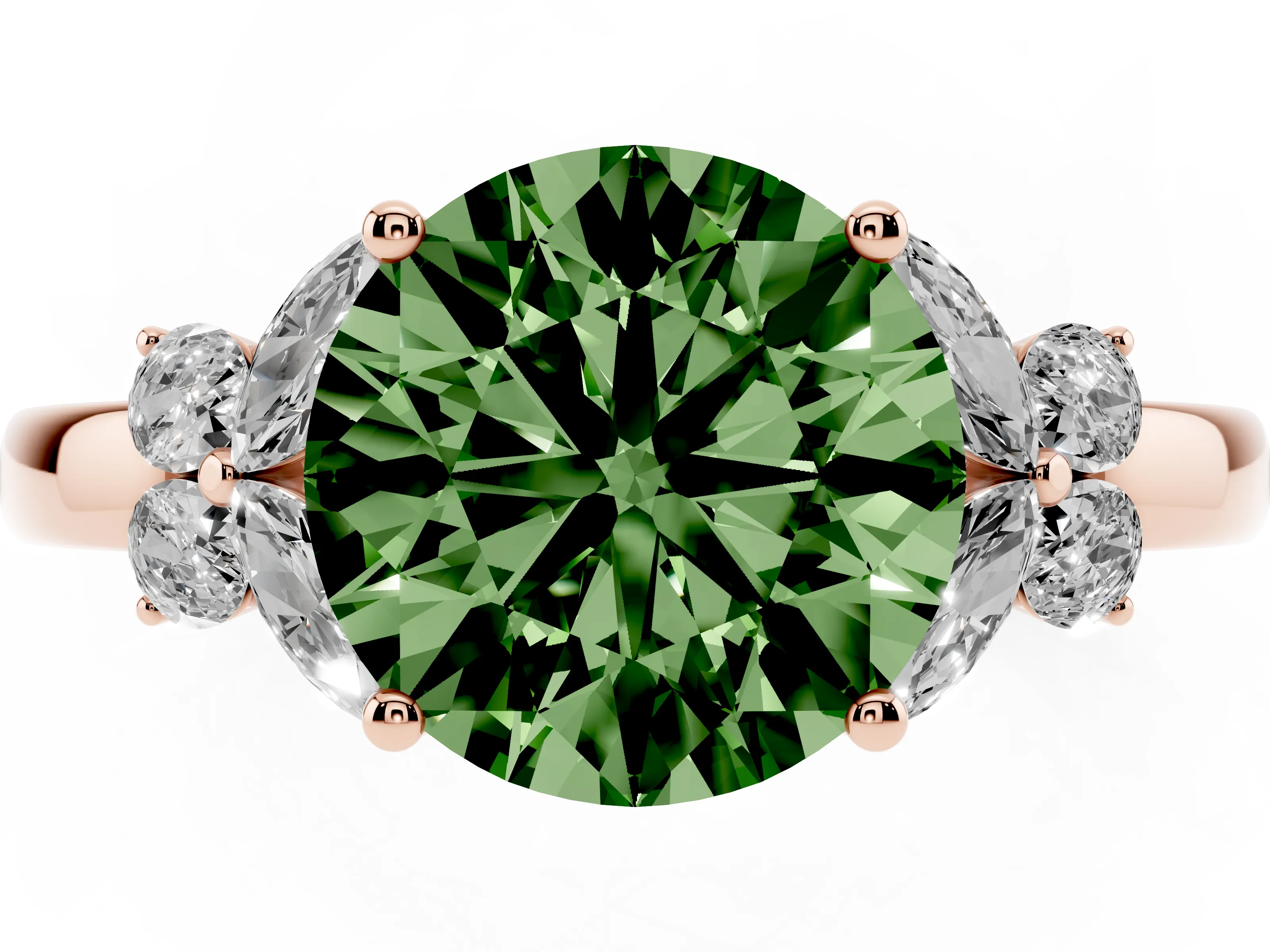 Fancy Green Round Cut Diamond Solitaire Floral Ring Set in Rose gold with Marquise Petals and Prong Setting