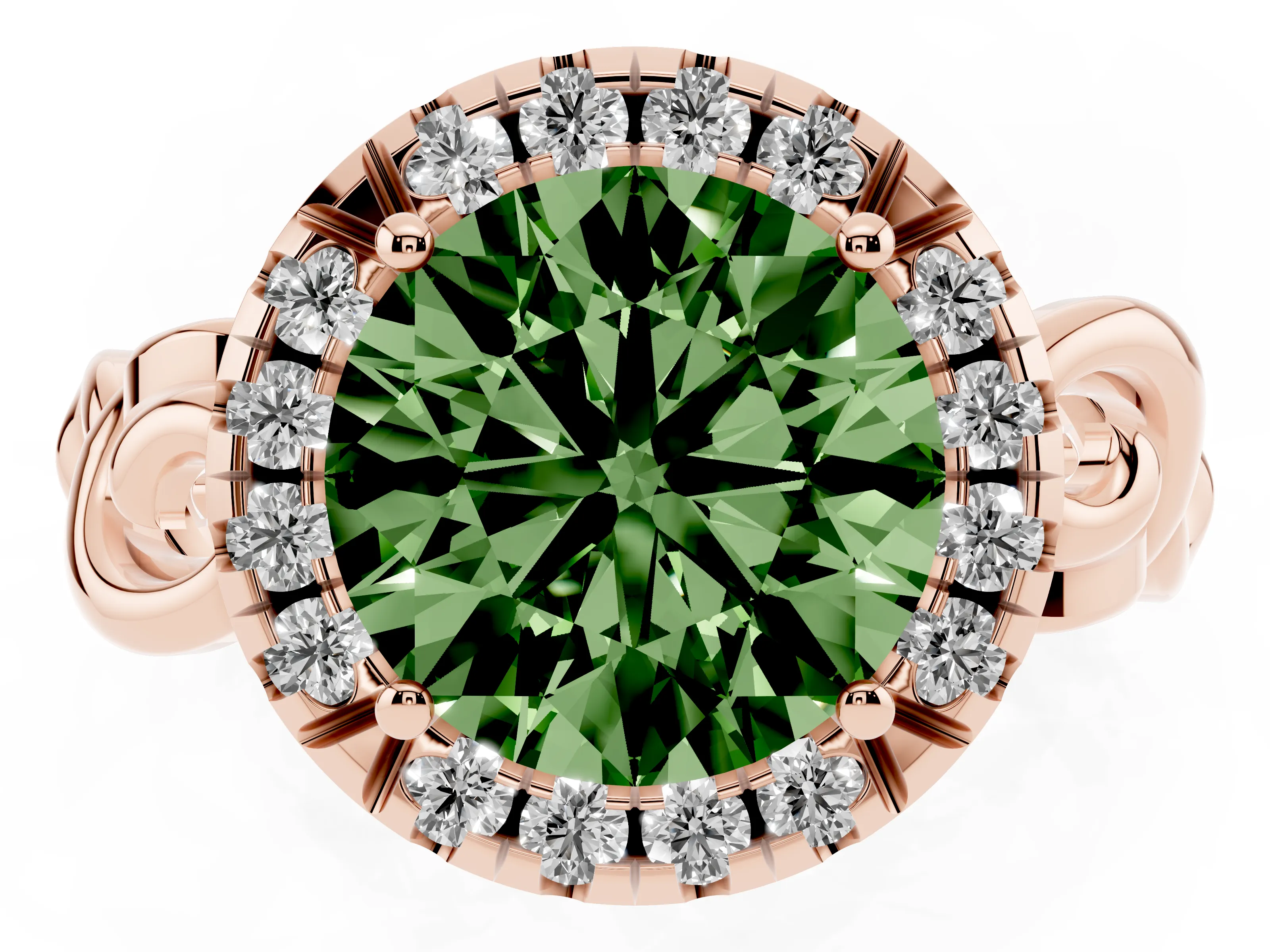 Fancy Green Round Cut Diamond Halo Ring Set in Rose gold with Scrollwork Band and Prong Setting