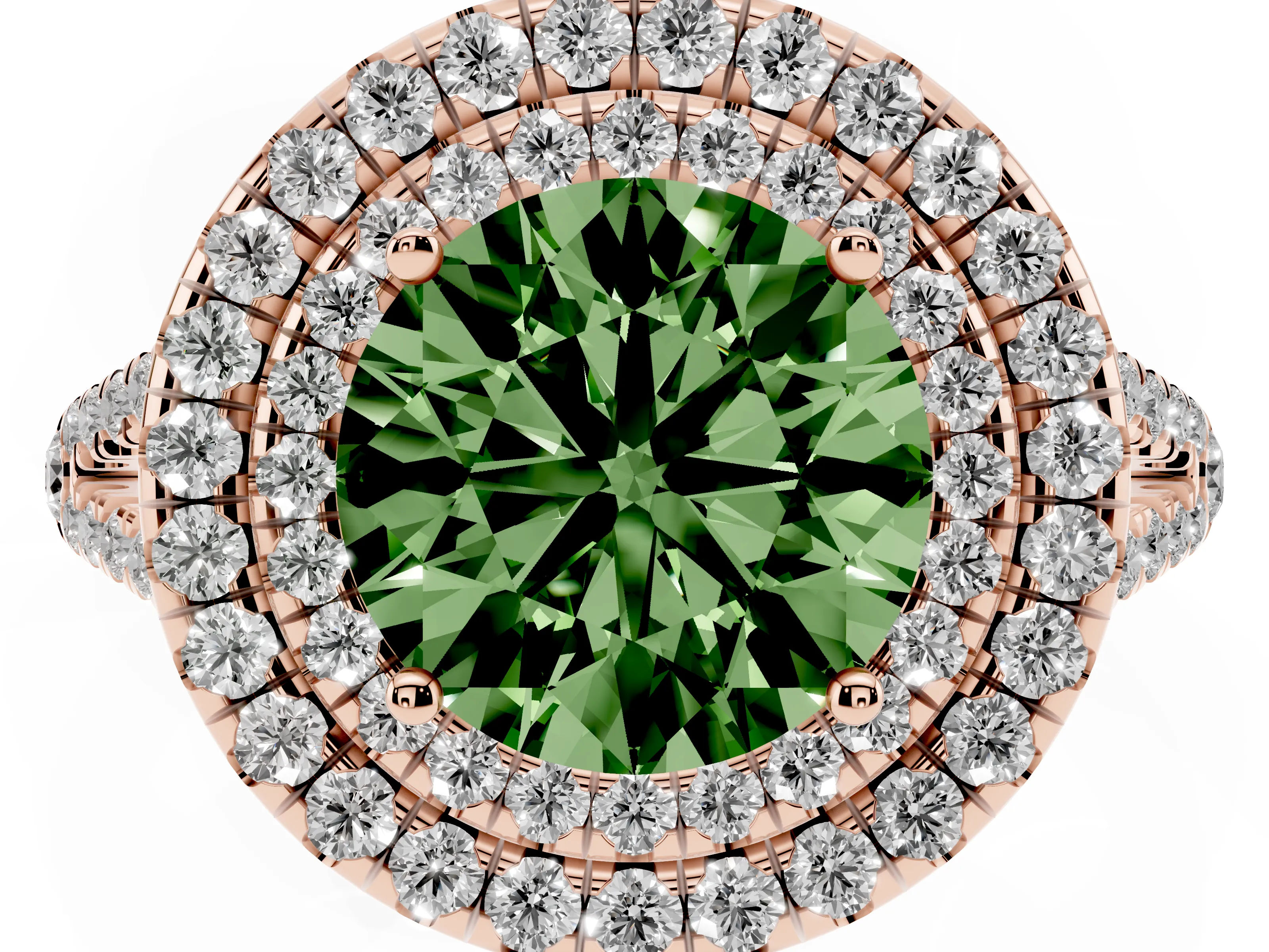 Fancy Green Round Cut Diamond Double Halo Ring Set in Rose gold with Pavé Band