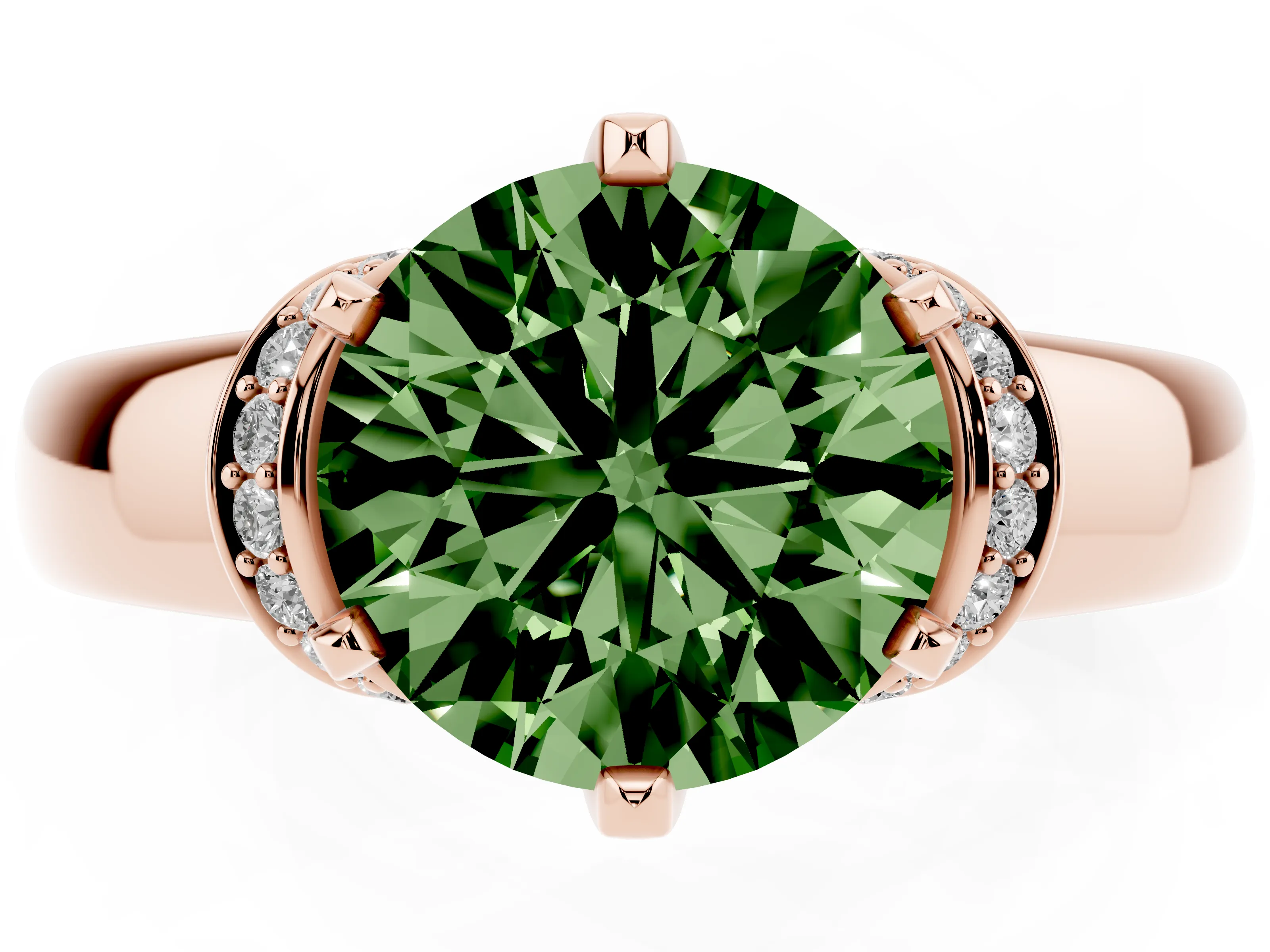 Fancy Green Round Cut Diamond Pavé Band Solitaire Ring Set in Rose gold with Prong Setting