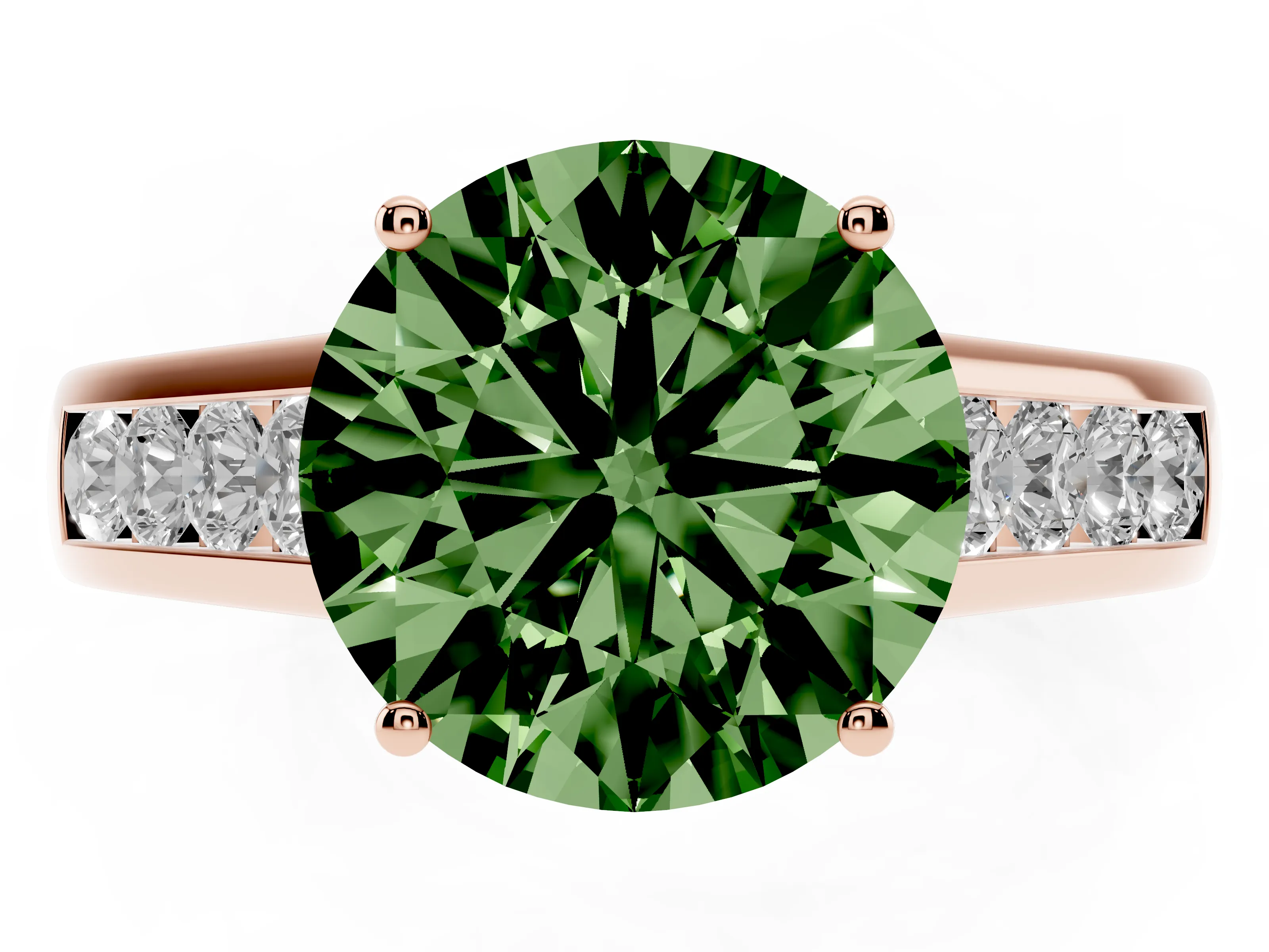 Fancy Green Round Cut Diamond Solitaire Channel-Set Engagement Ring Set in Rose gold with Prong Setting