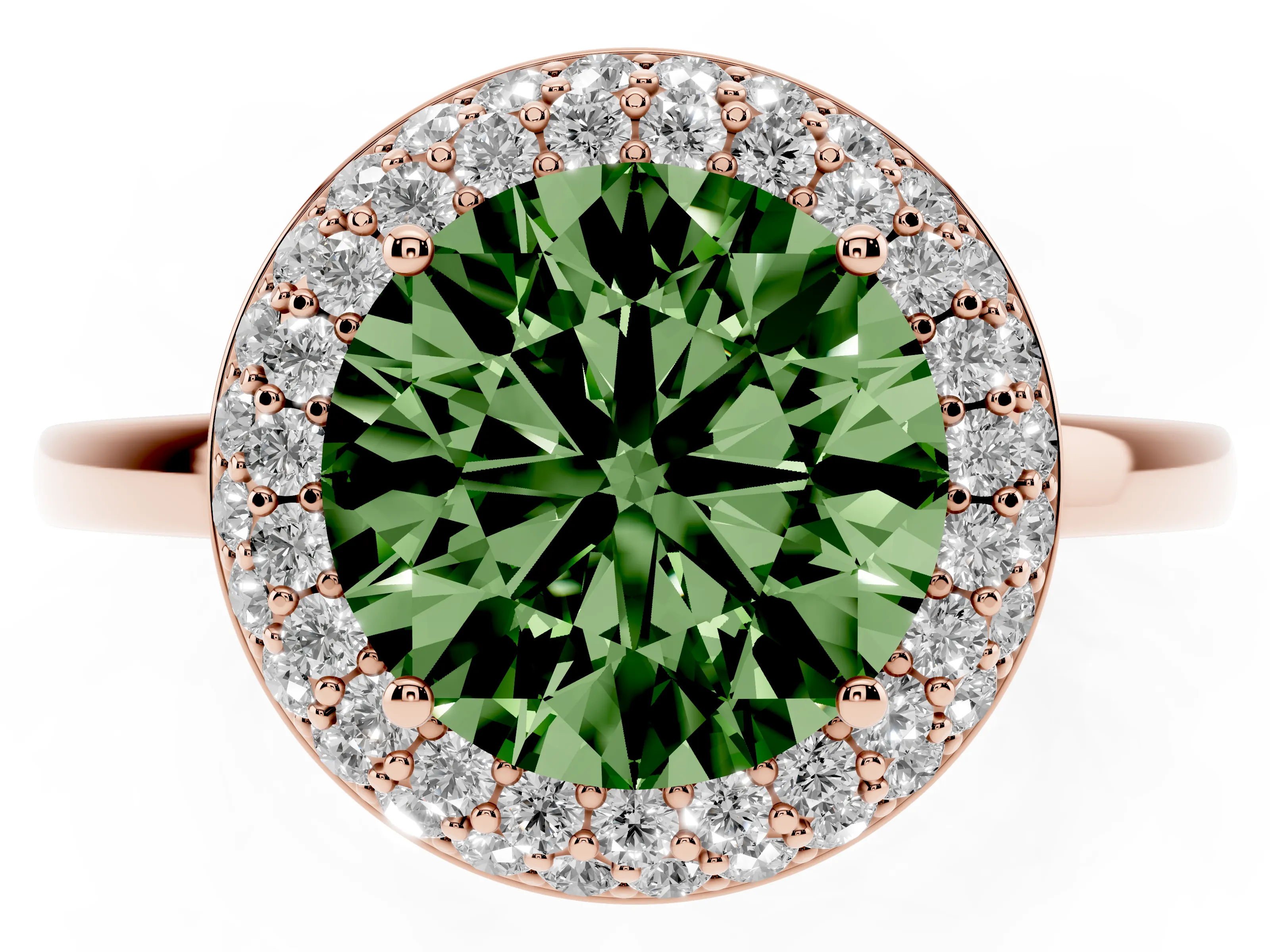Fancy Green Round Cut Diamond Halo Engagement Ring Set in Rose gold with Solitaire Band and Prong Setting