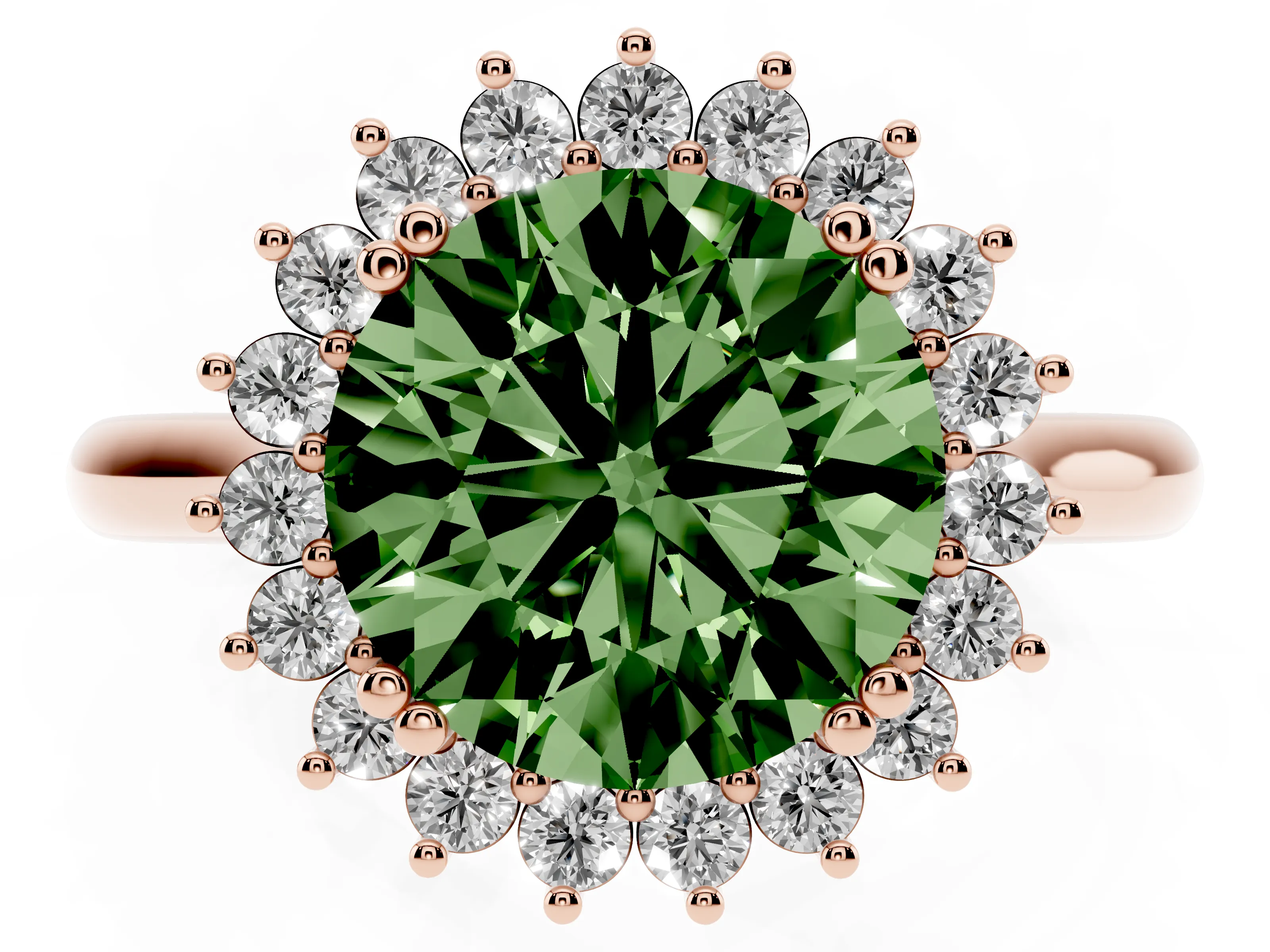 Fancy Green Round Cut Diamond Halo Ring Set in Rose gold with Plain Solitaire Band and Prong Setting