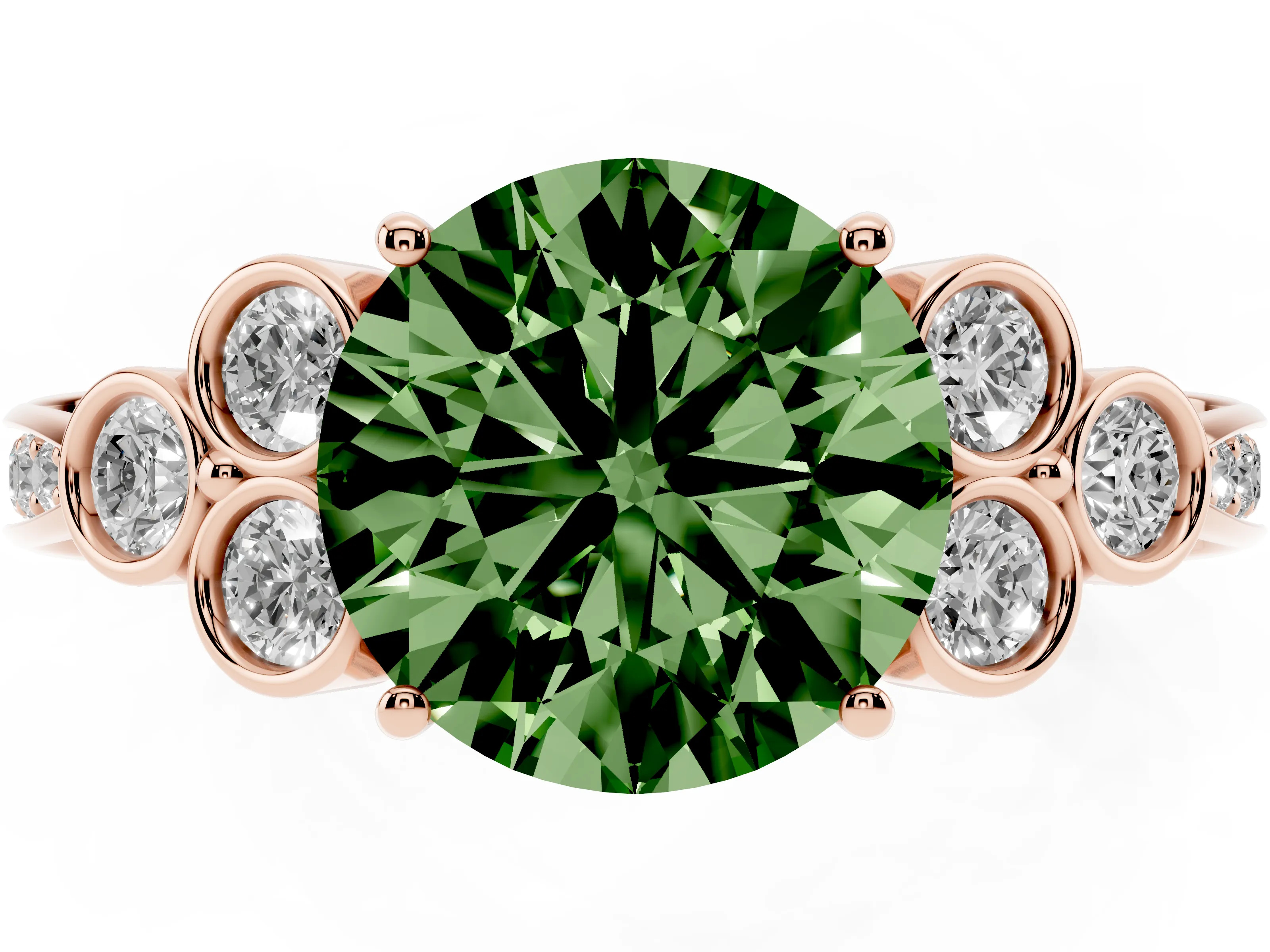 Fancy Green Round Cut Diamond Engagement Ring Set in Rose gold with Bezel Set Round Side Stones and Prong Setting