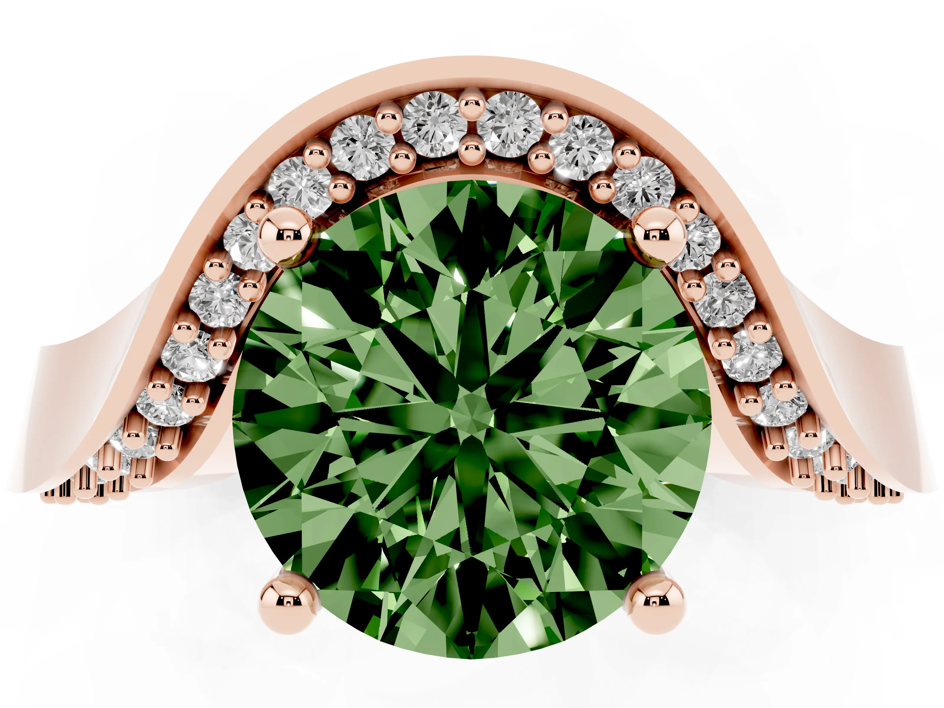 Fancy Green Round Cut Diamond Solitaire Engagement Ring Set in Rose gold with Pavé Shoulders
