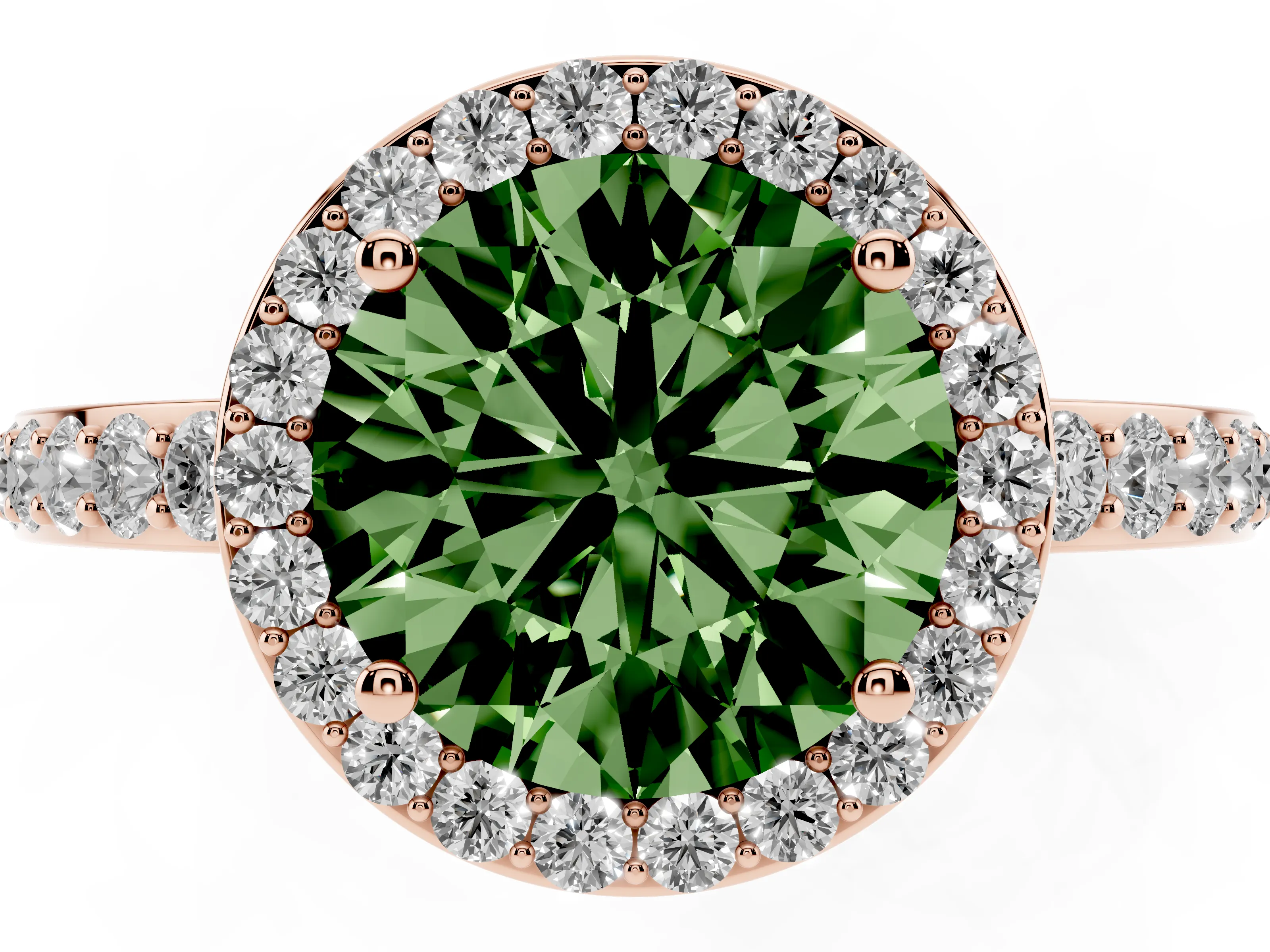 Fancy Green Round Cut Diamond Halo Ring Set in Rose gold with Pavé-Setting Band and Open Prong Center