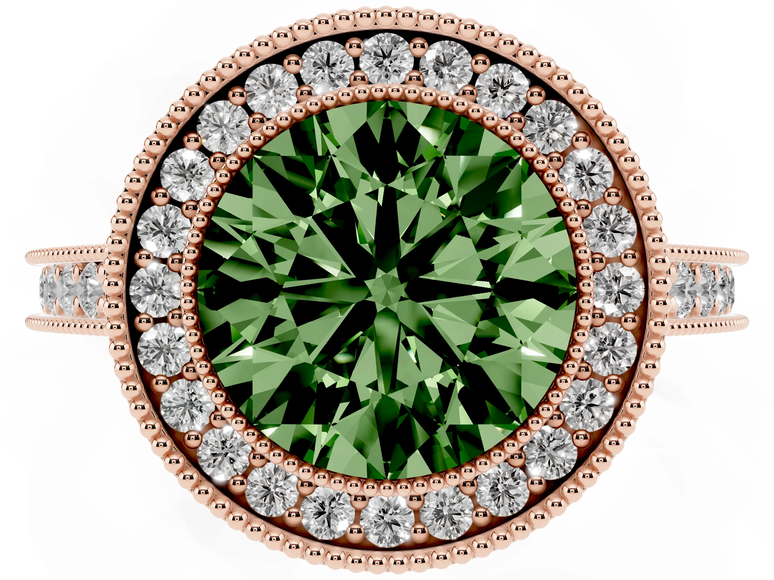 Fancy Green Round Cut Diamond Halo Milgrain Pavé Band Ring Set in Rose gold with Prong Setting