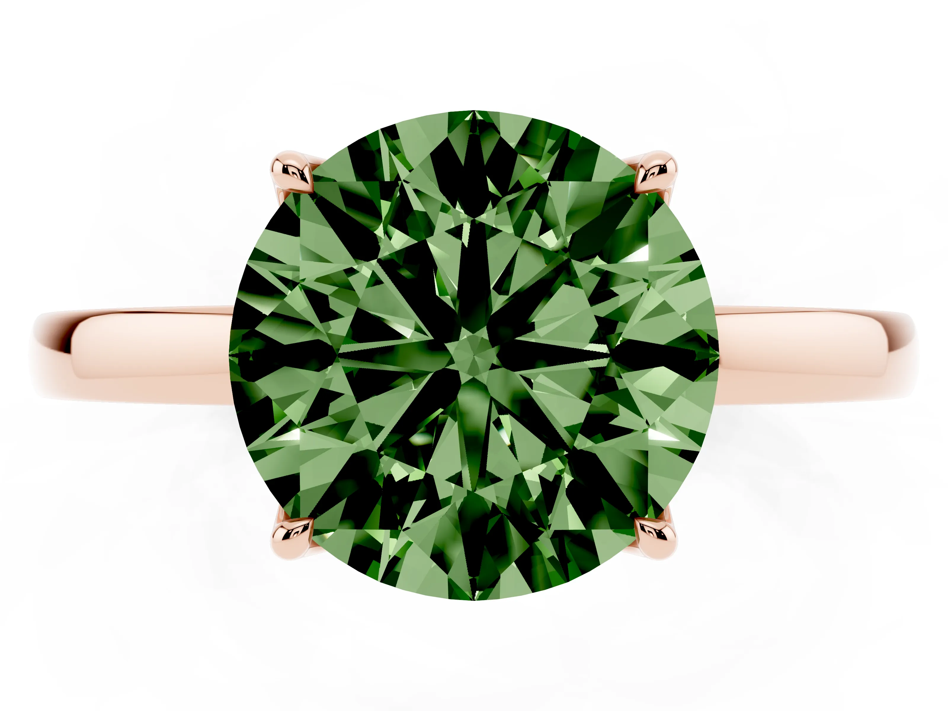 Fancy Green Round Cut Diamond Solitaire Ring Set in Rose gold with Prong Setting and Thin Polished Band