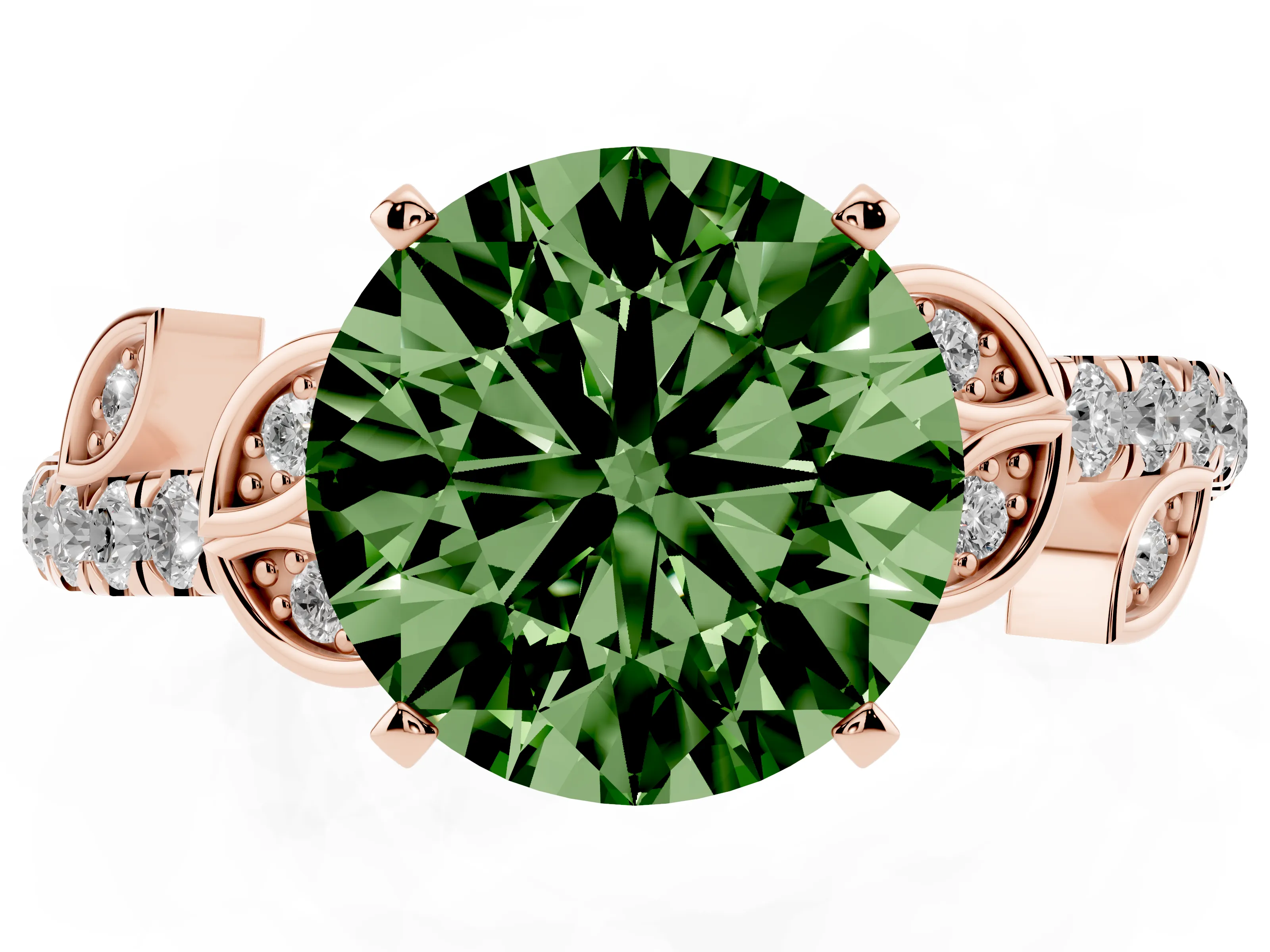 Fancy Green Round Cut Diamond Solitaire Leaf-Inspired Ring Set in Rose gold with Pavé Band and Prong Setting