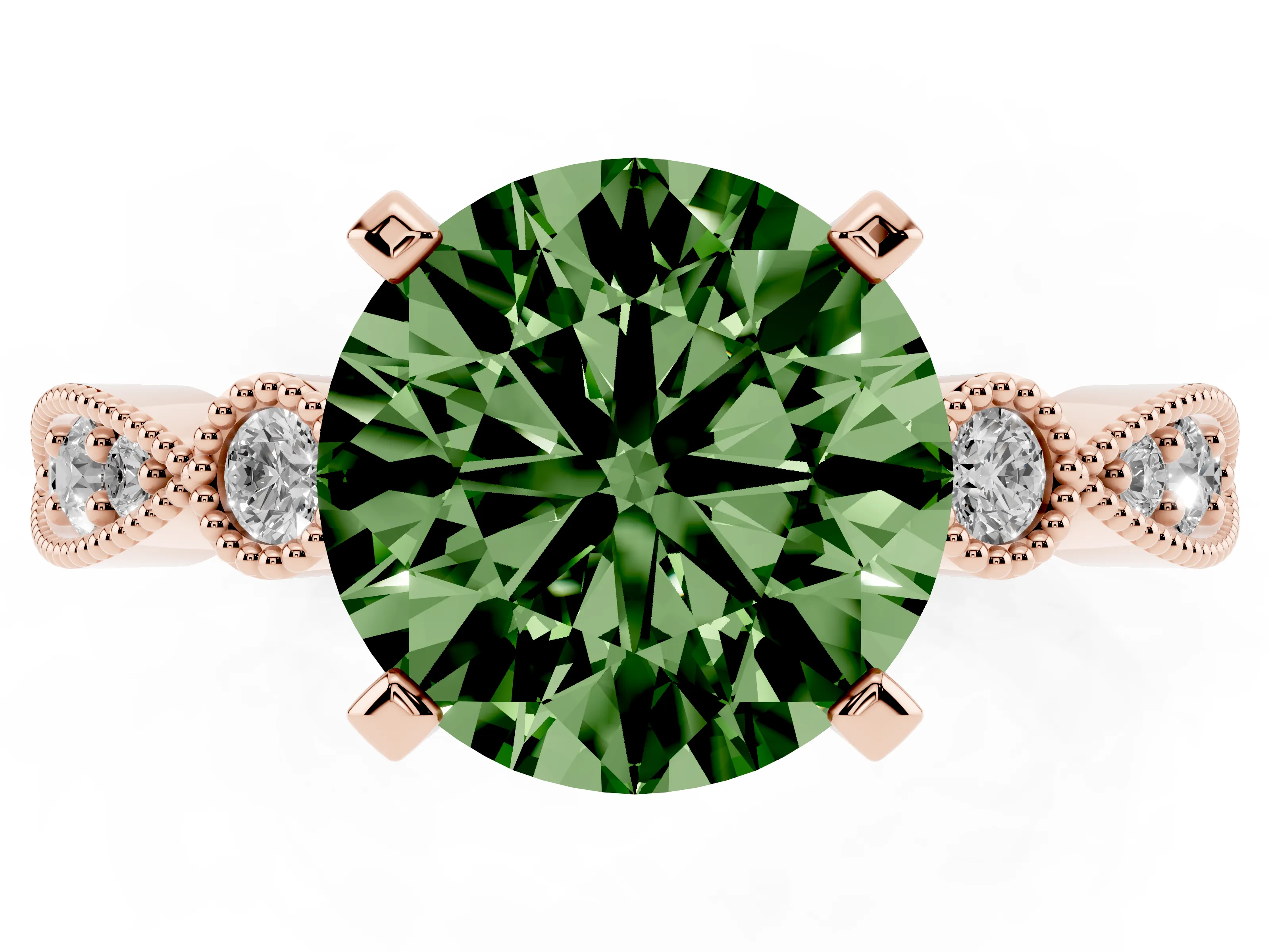 Fancy Green Round Cut Diamond Solitaire Engagement Ring Set in Rose gold with Milgrain Bezel Accent Band