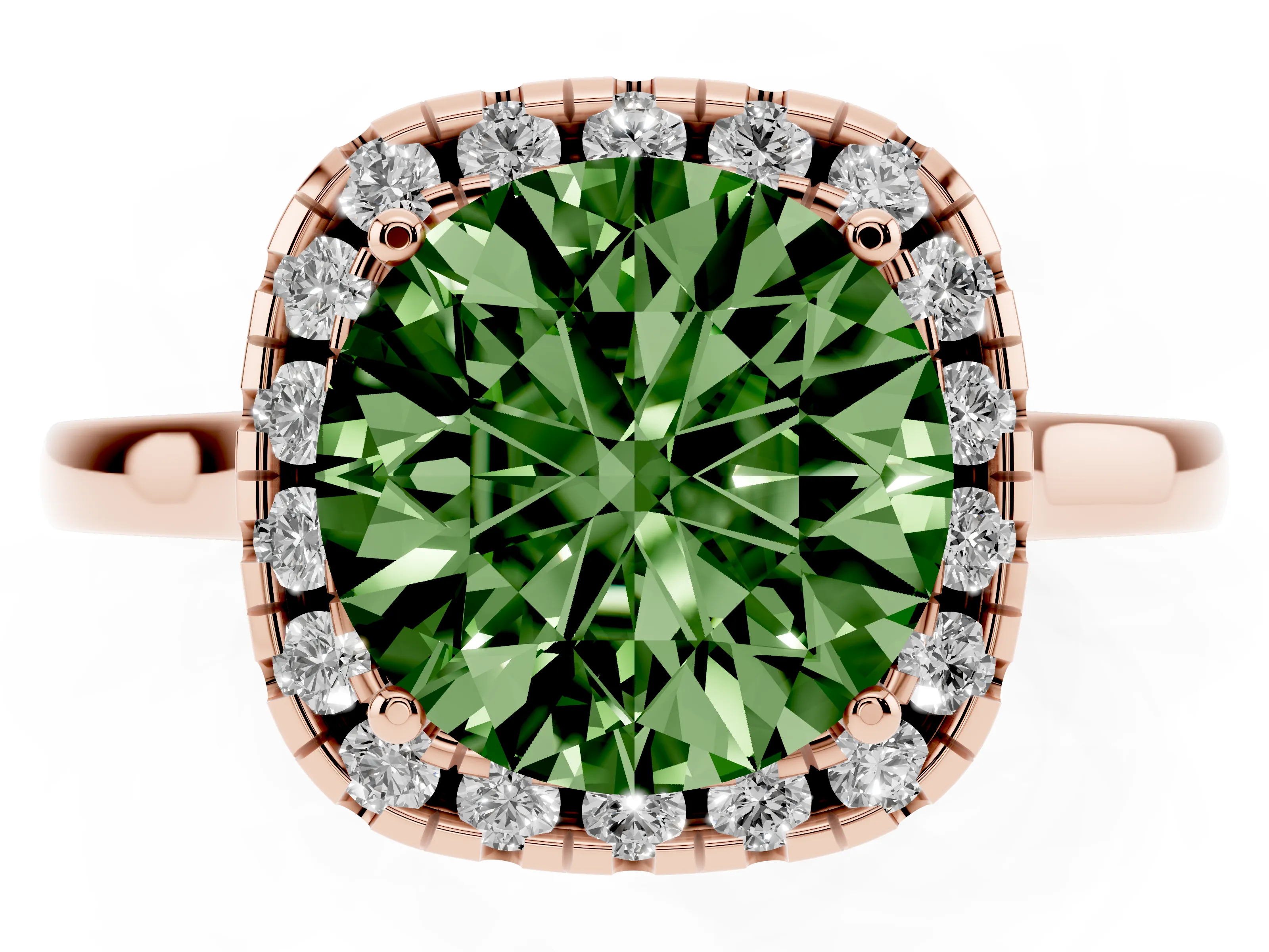 Fancy Green Round Cut Halo Round Diamond Solitaire Ring Set in Rose gold with Pavé Band and Prong Setting