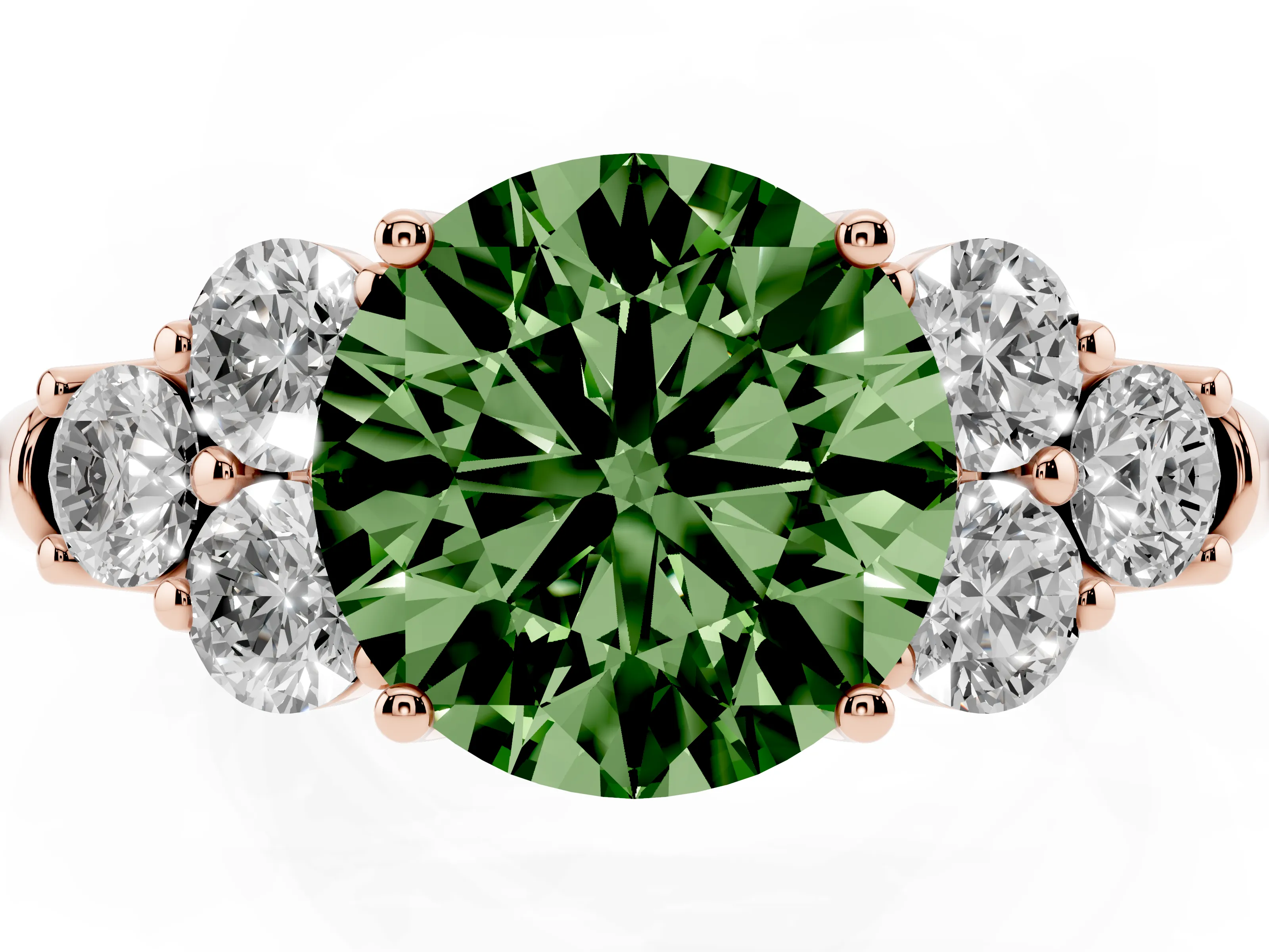Fancy Green Round Cut Diamond Cluster Ring Set in Rose gold with Round Accent Stones and Prong Setting on a Plain Band