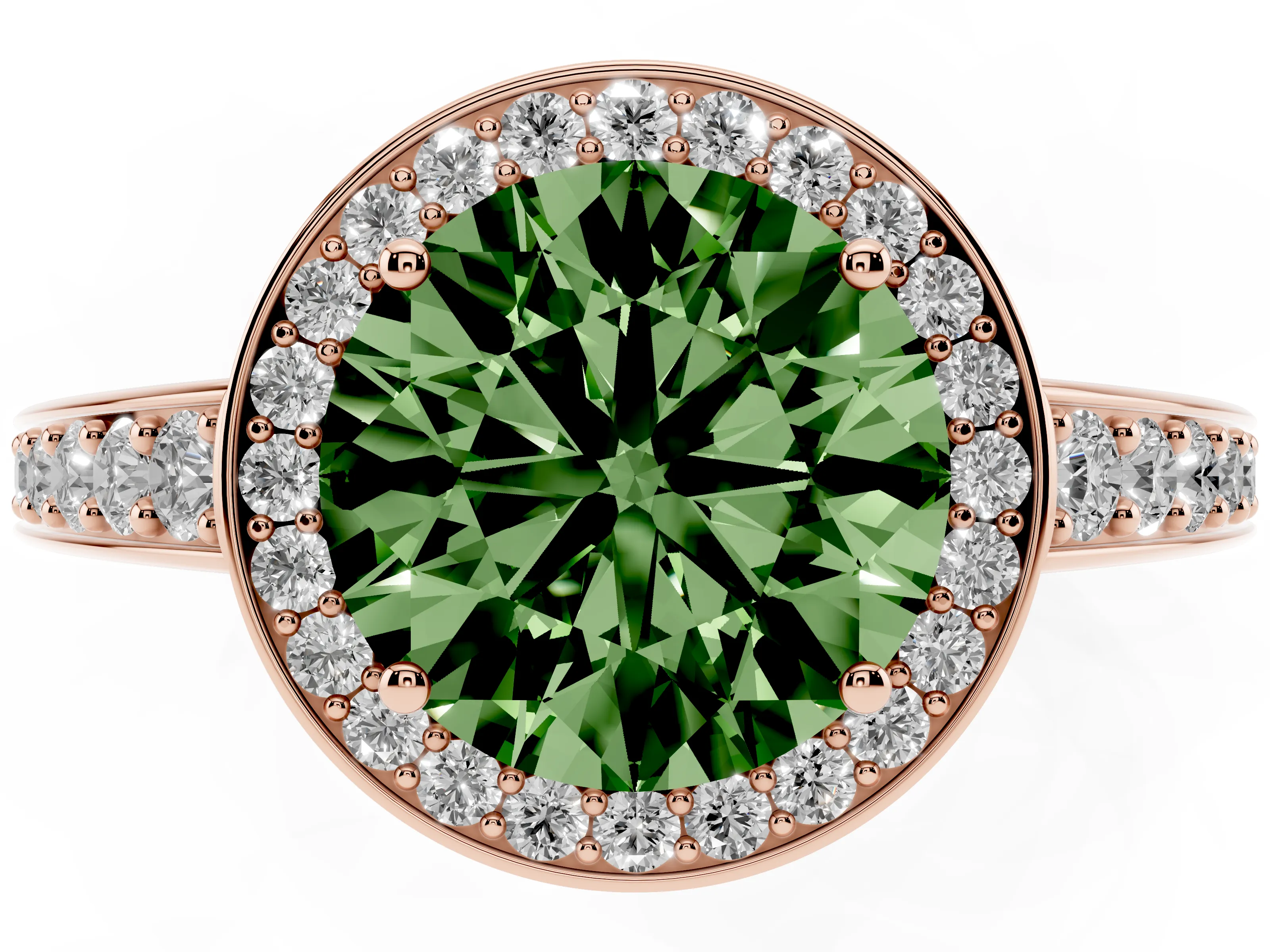 Fancy Green Round Cut Diamond Halo Pavé Engagement Ring Set in Rose gold with Bezel Setting