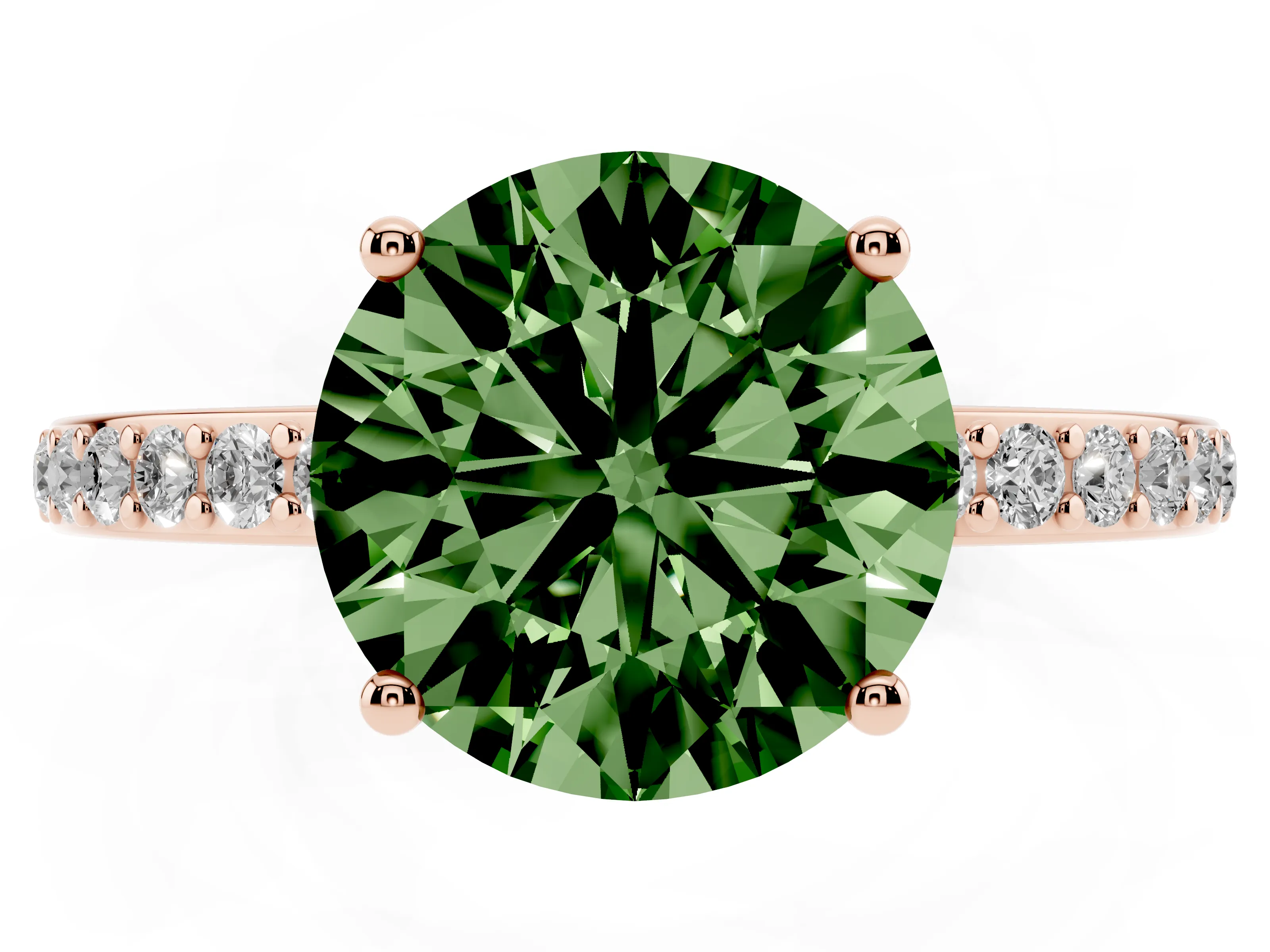 Fancy Green Round Cut Diamond Pavé Band Ring Set in Rose gold with Prong-Set Center Stone