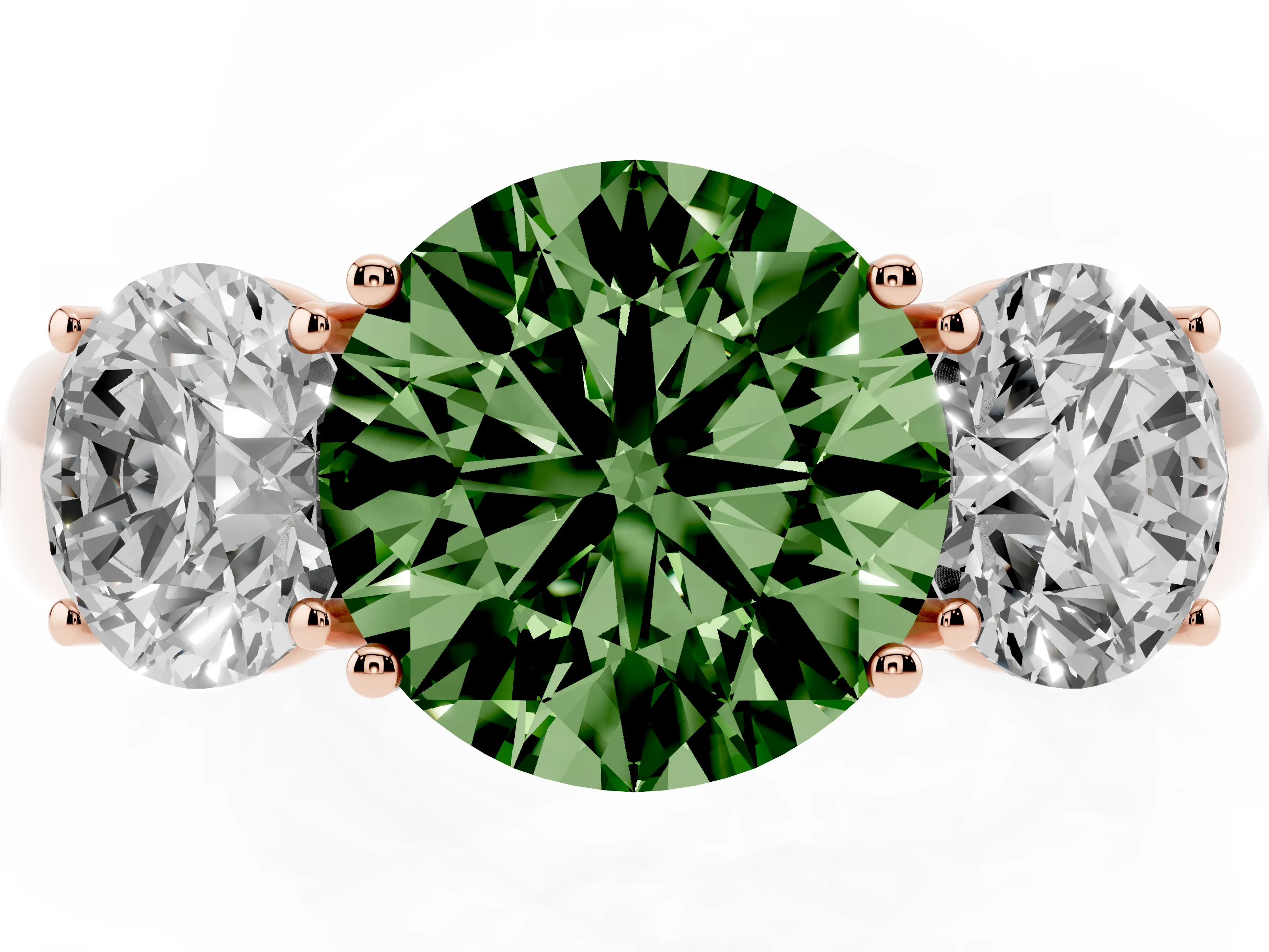 Fancy Green Three-Stone Round Cut Diamond Ring Set in Rose gold with Matching Prong Settings and Plain Band