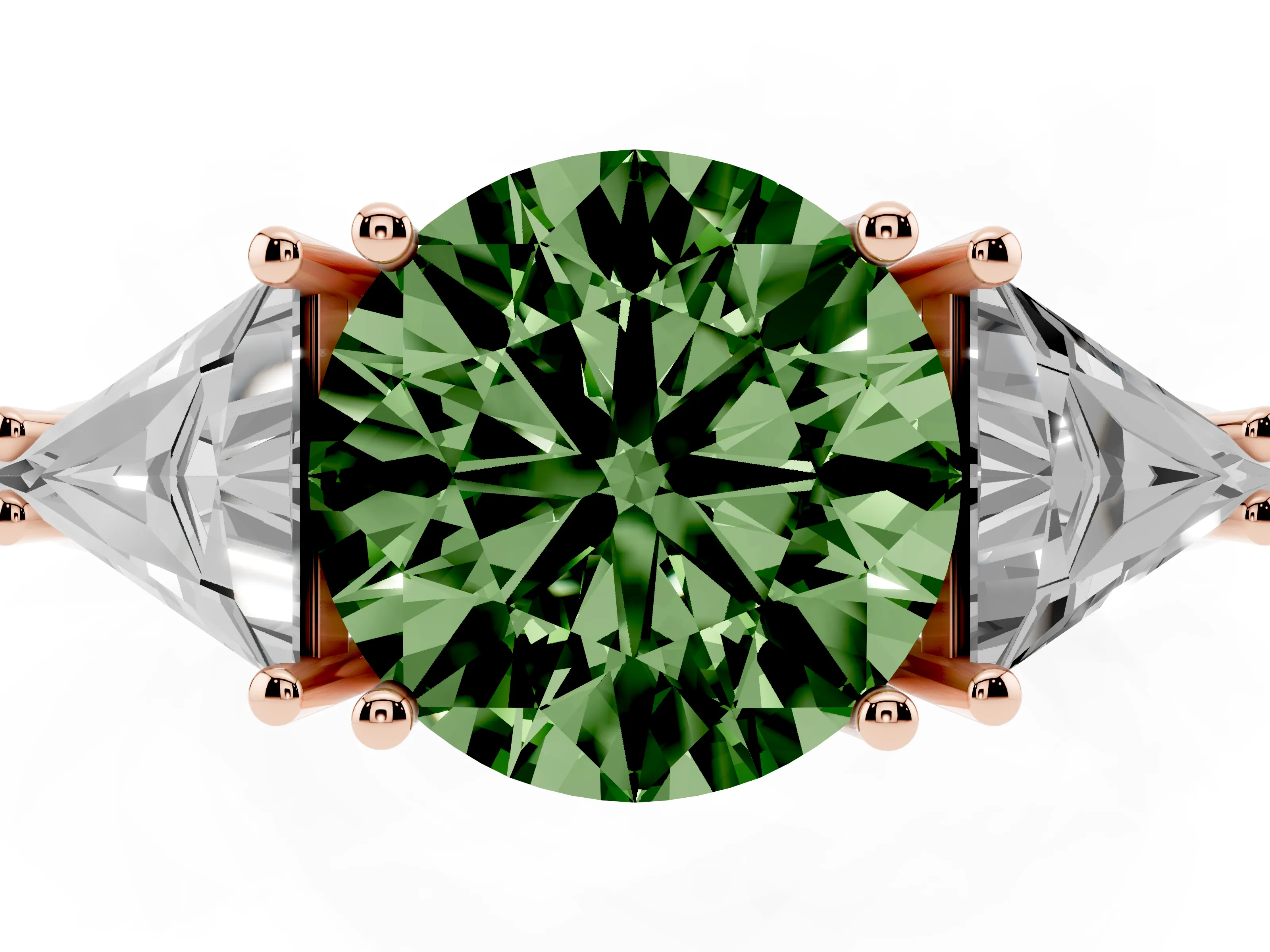 Fancy Green Round Cut Diamond Three-Stone Engagement Ring Set in Rose gold with Trillion Side Stones