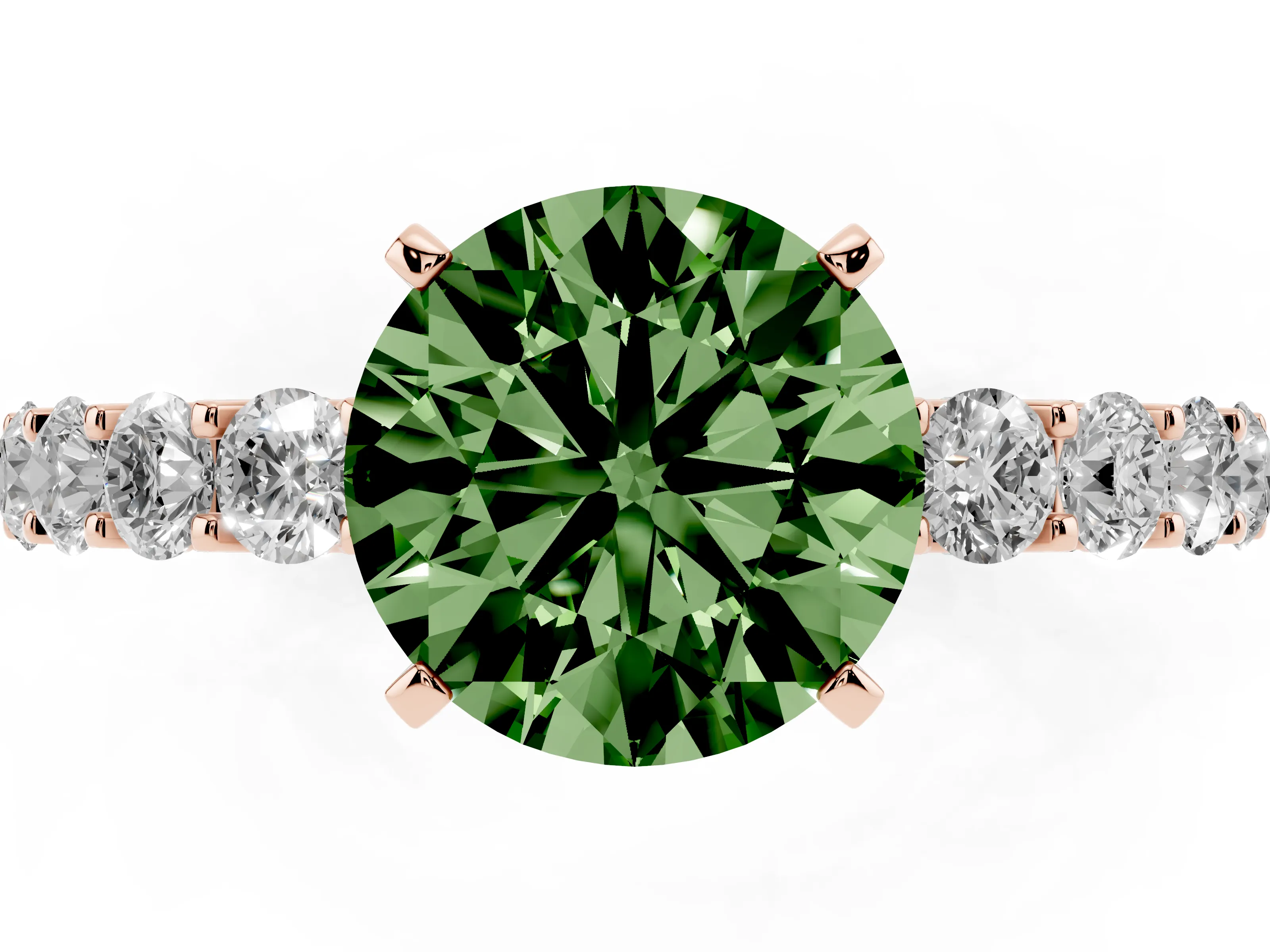 Fancy Green Round Cut Diamond Solitaire Ring Set in Rose gold with Shared Prong Pavé Band
