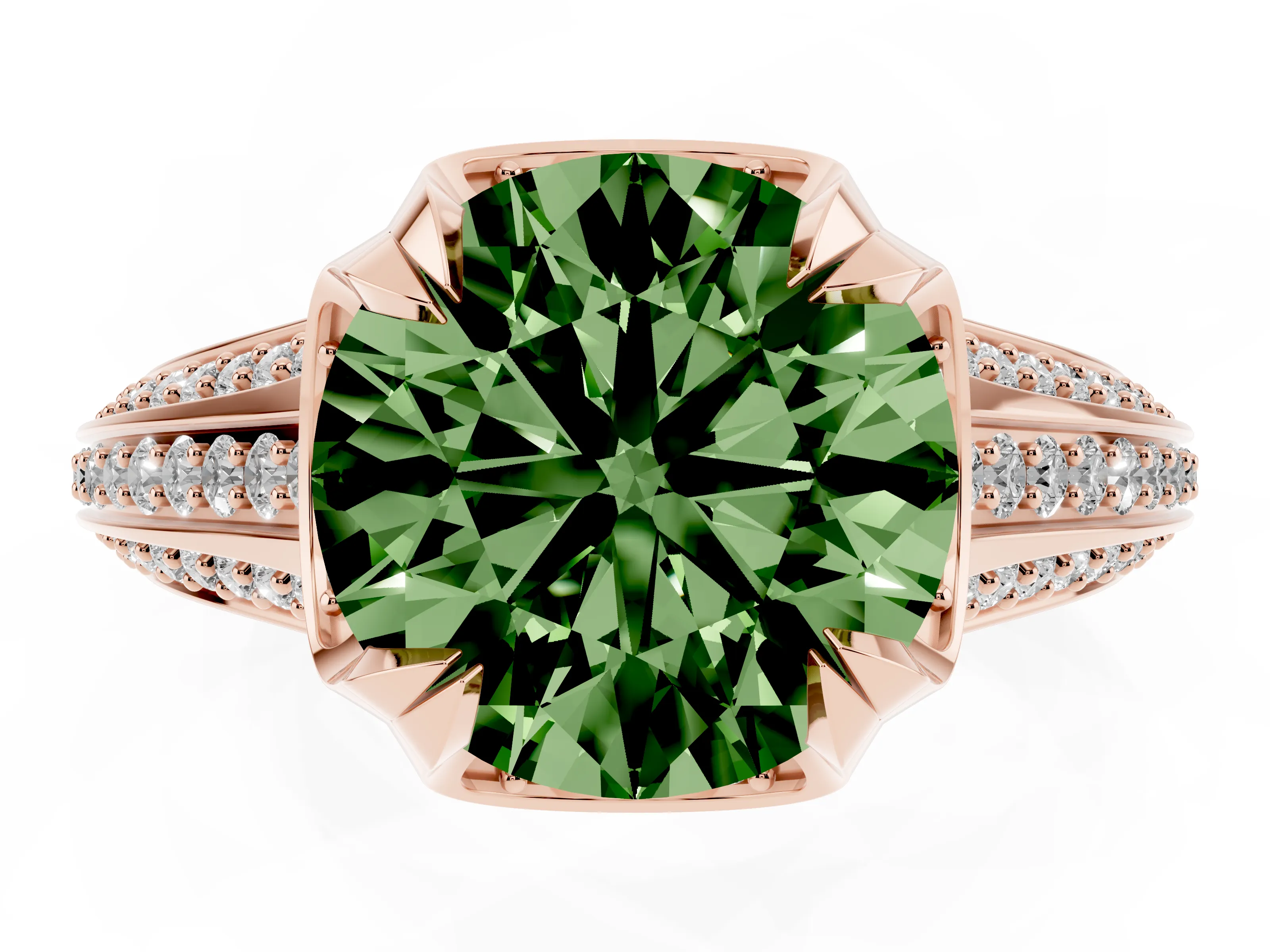 Fancy Green Round Cut Diamond Pavé Split Shank Solitaire Ring Set in Rose gold with Prong Setting