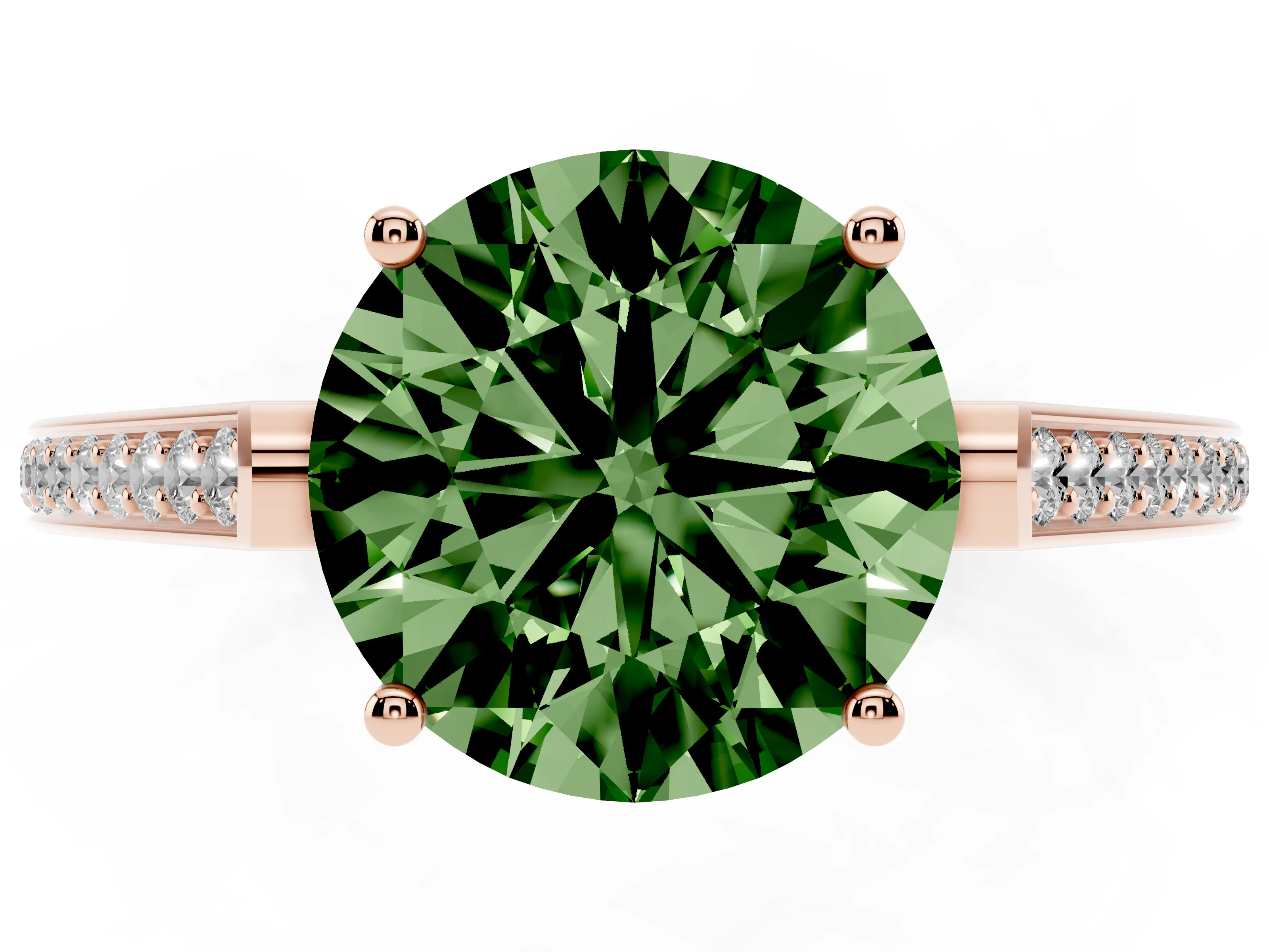 Fancy Green Round Cut Diamond Cathedral Pavé Engagement Ring Set in Rose gold with Prong Setting