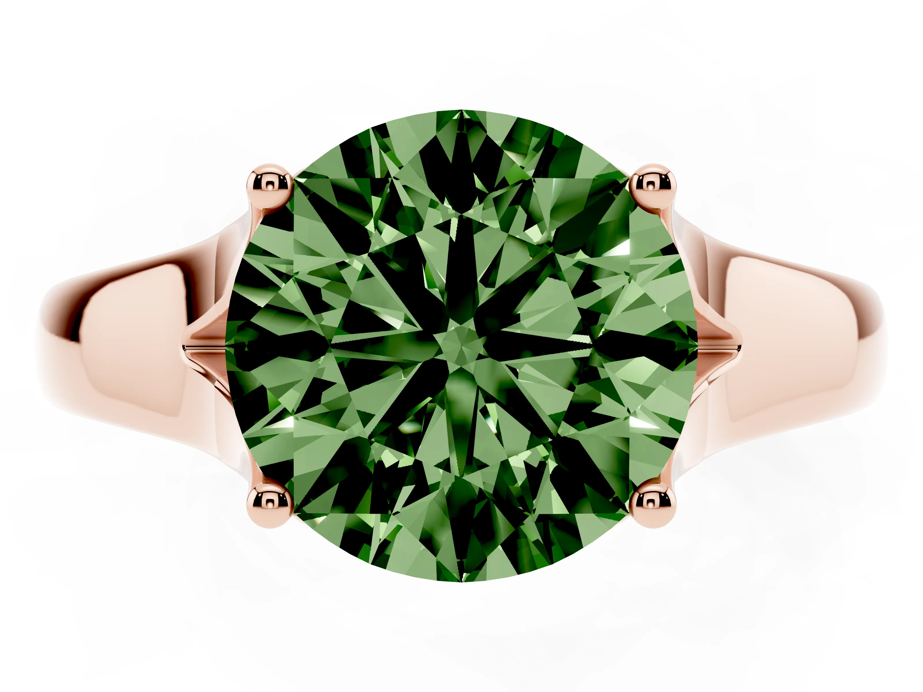 Fancy Green Round Cut Diamond Solitaire Ring Set in Rose gold with Arched Cathedral Band and Prong Setting