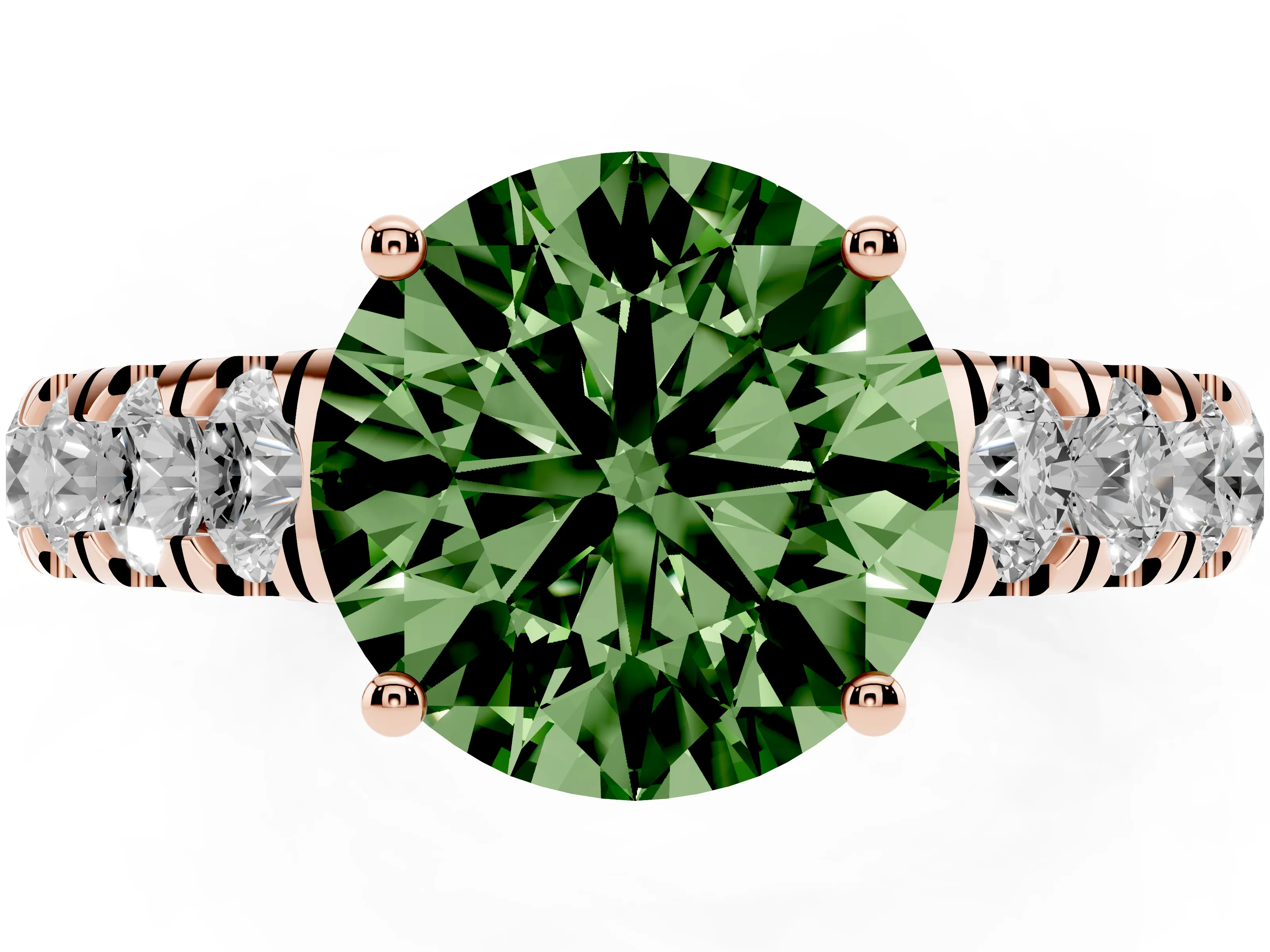 Fancy Green Round Cut Diamond Solitaire Ring Set in Rose gold with Cut-Down Micro Pavé Band and Prong Setting