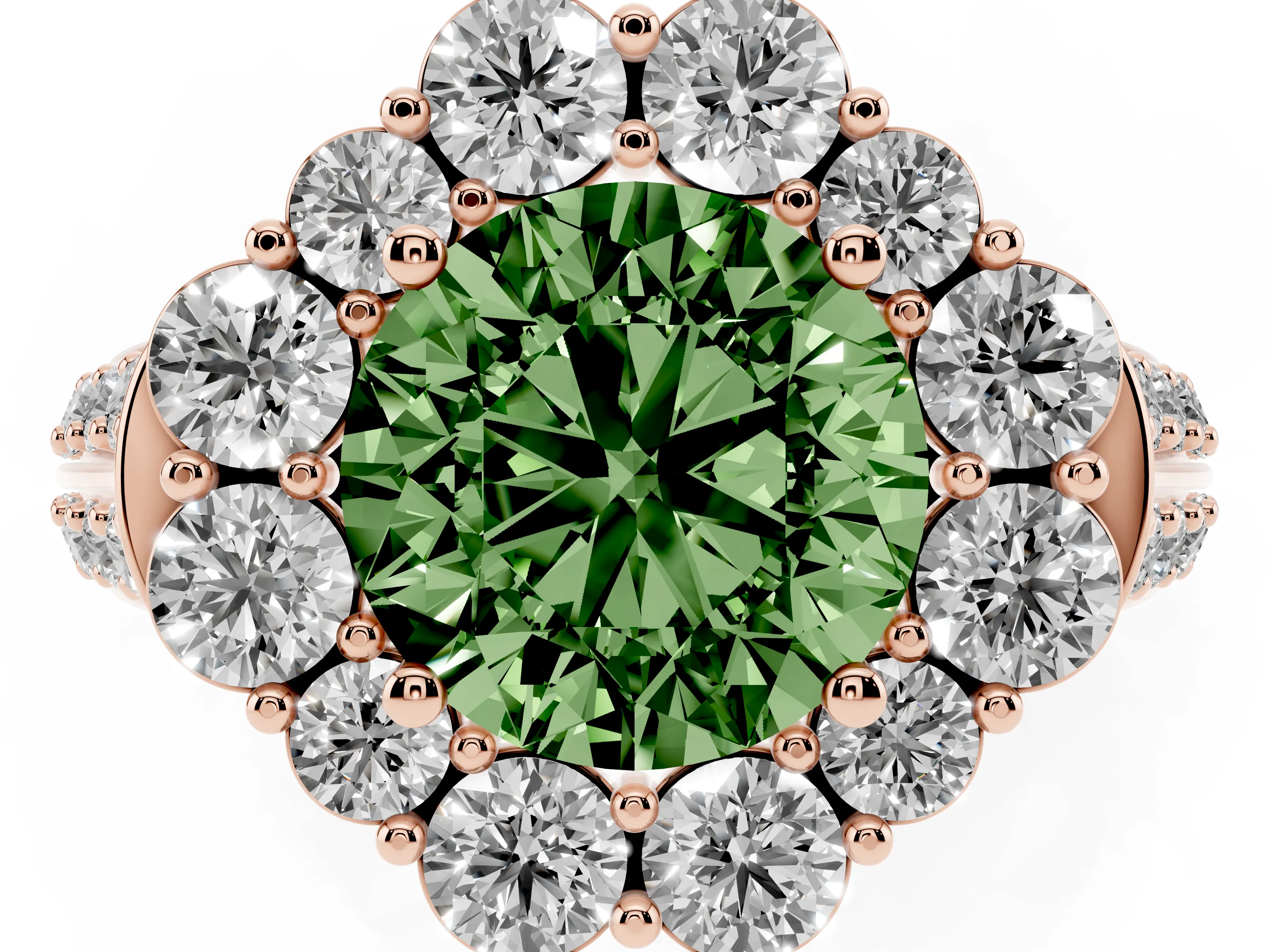 Fancy Green Round Cut Diamond Halo Engagement Ring Set in Rose gold with Split Shank and Prong Setting