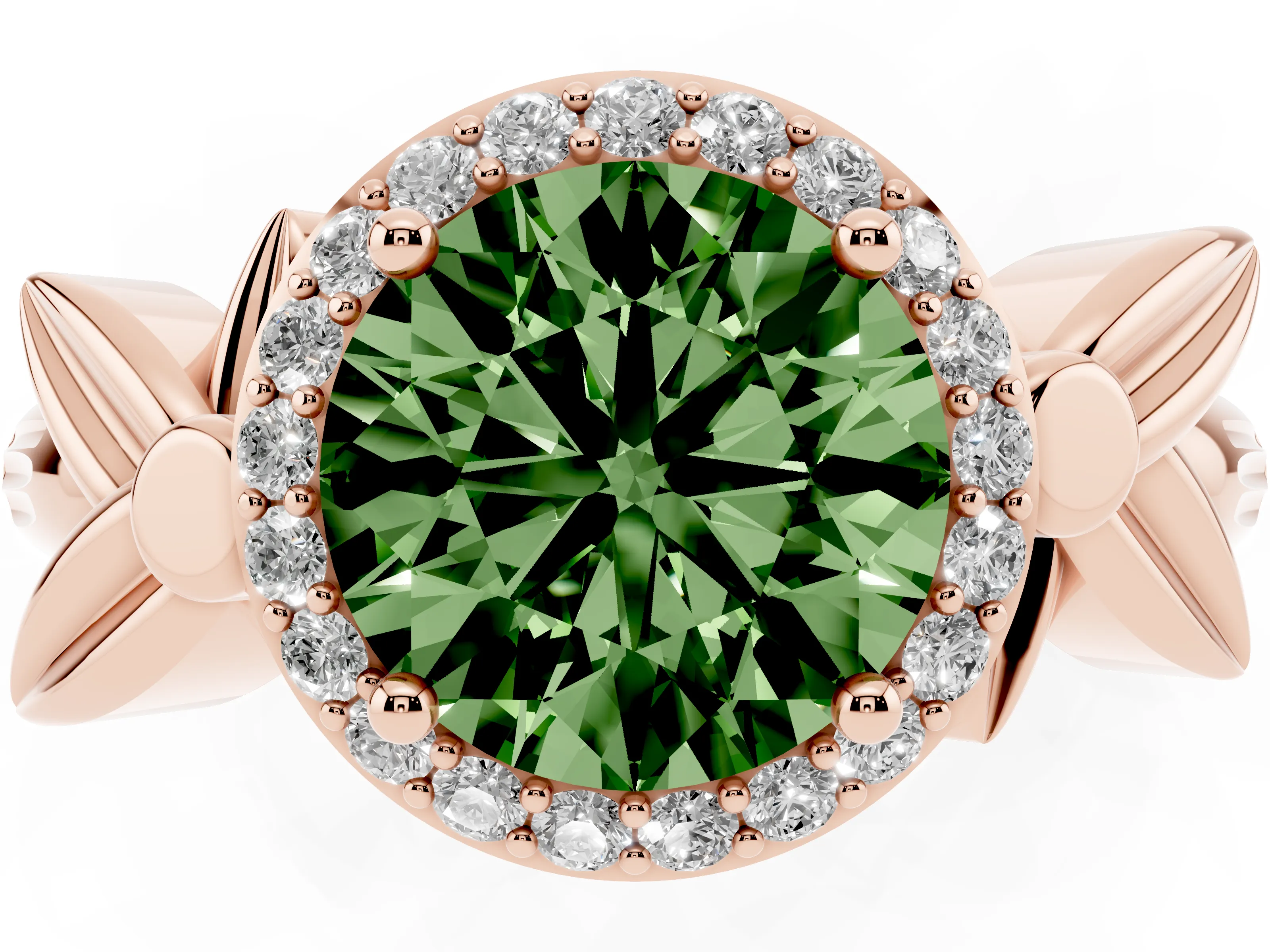 Fancy Green Round Cut Diamond Halo Floral Band Ring Set in Rose gold with Prong Setting