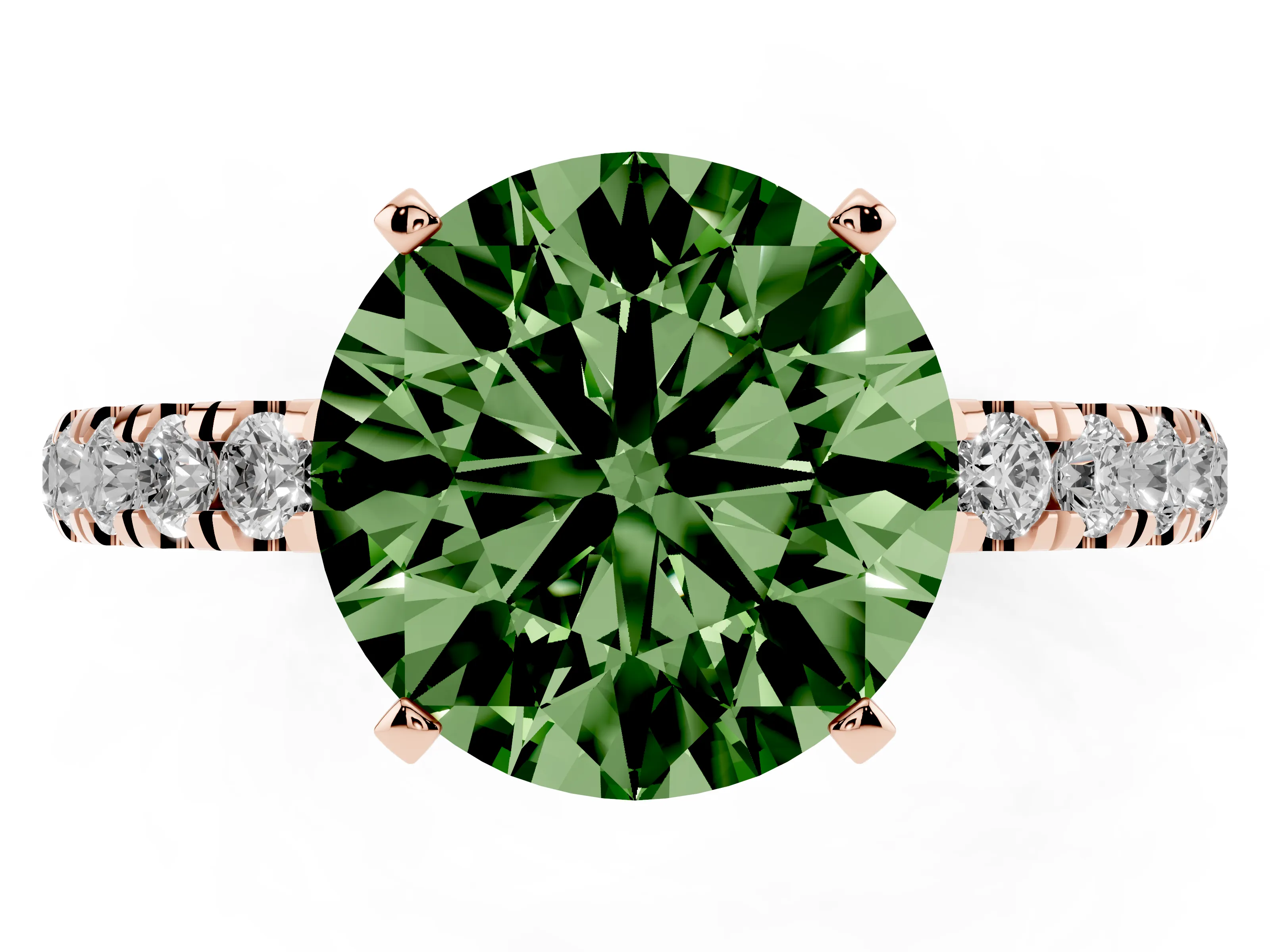 Fancy Green Round Cut Diamond Solitaire Ring Set in Rose gold with Pavé Accents and Prong Setting