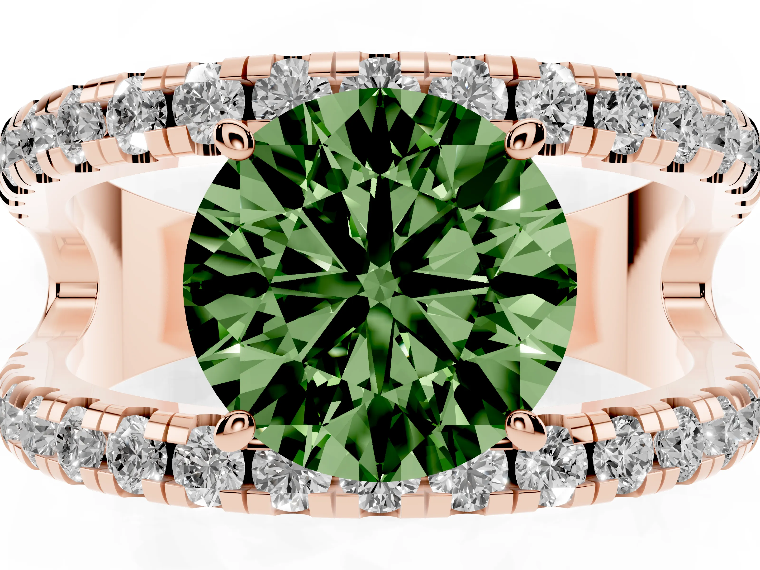 Fancy Green Round Cut Diamond Split Shank Pavé Solitaire Ring Set in Rose gold with Open Shank Design