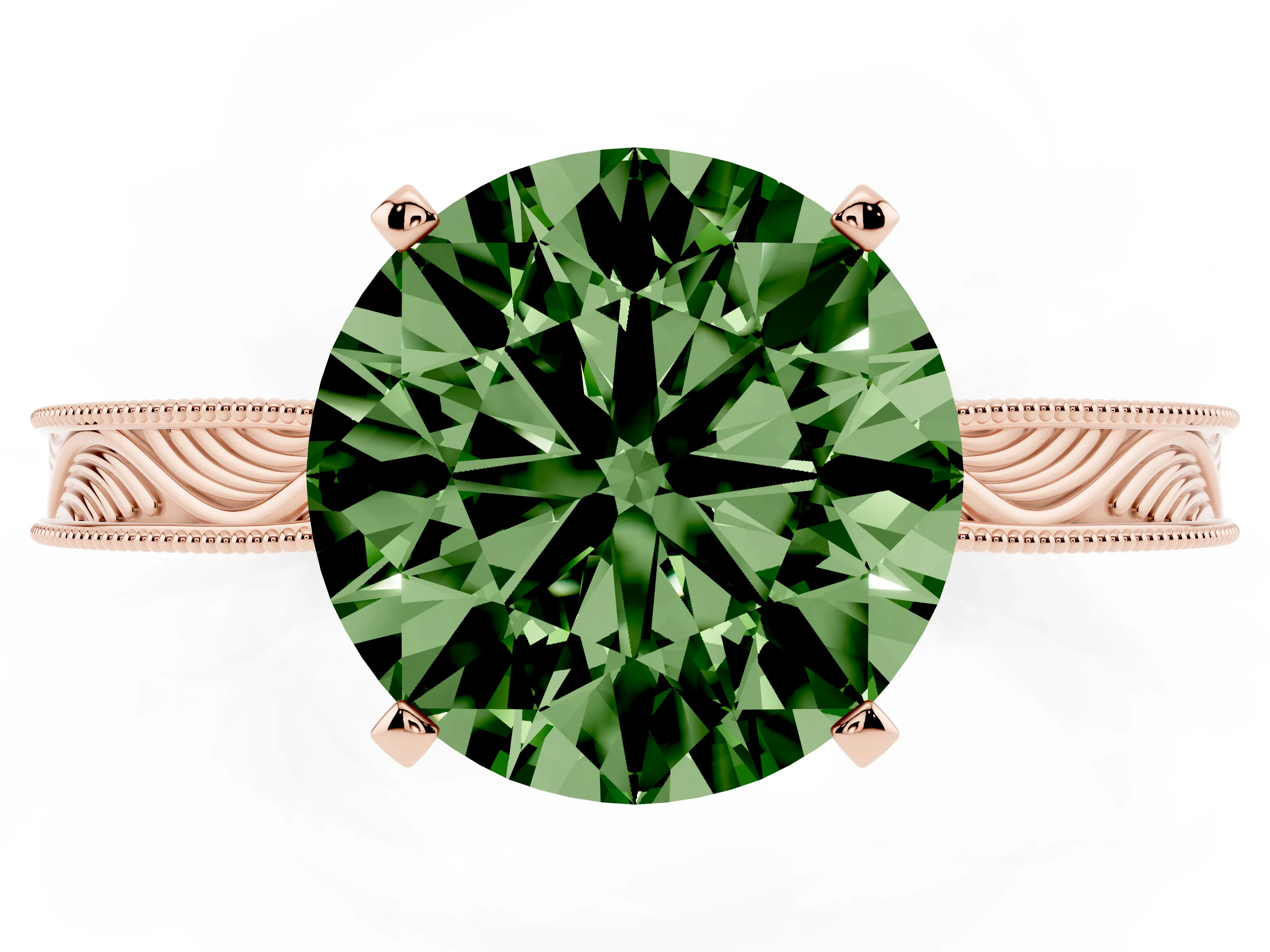 Fancy Green Round Cut Diamond Solitaire Milgrain Engraved Band Set in Rose gold with Prong Setting