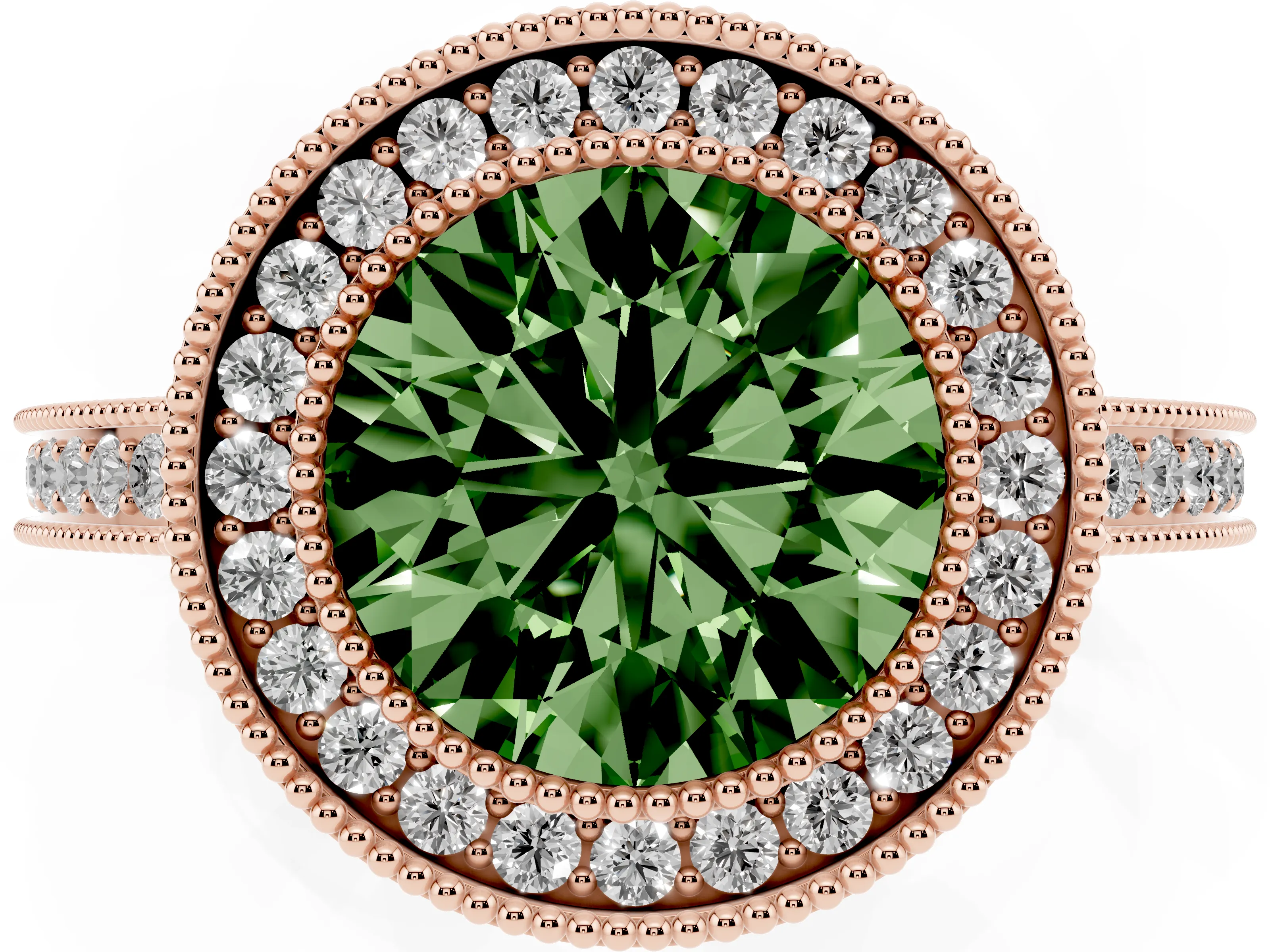 Fancy Green Round Cut Diamond Halo Ring Set in Rose gold with Pavé Band and Milgrain-Edged Prongs